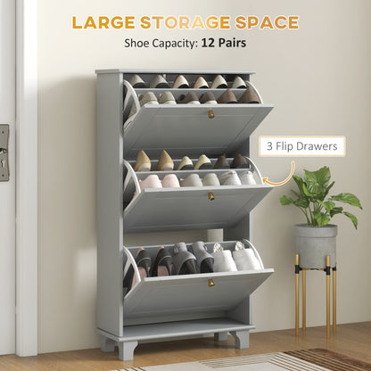 Narrow Shoe Storage with 3 Flip Drawers and Adjustable Shelves, Shoe Cabinet Organizer for 12 Pairs of Shoes, Grey