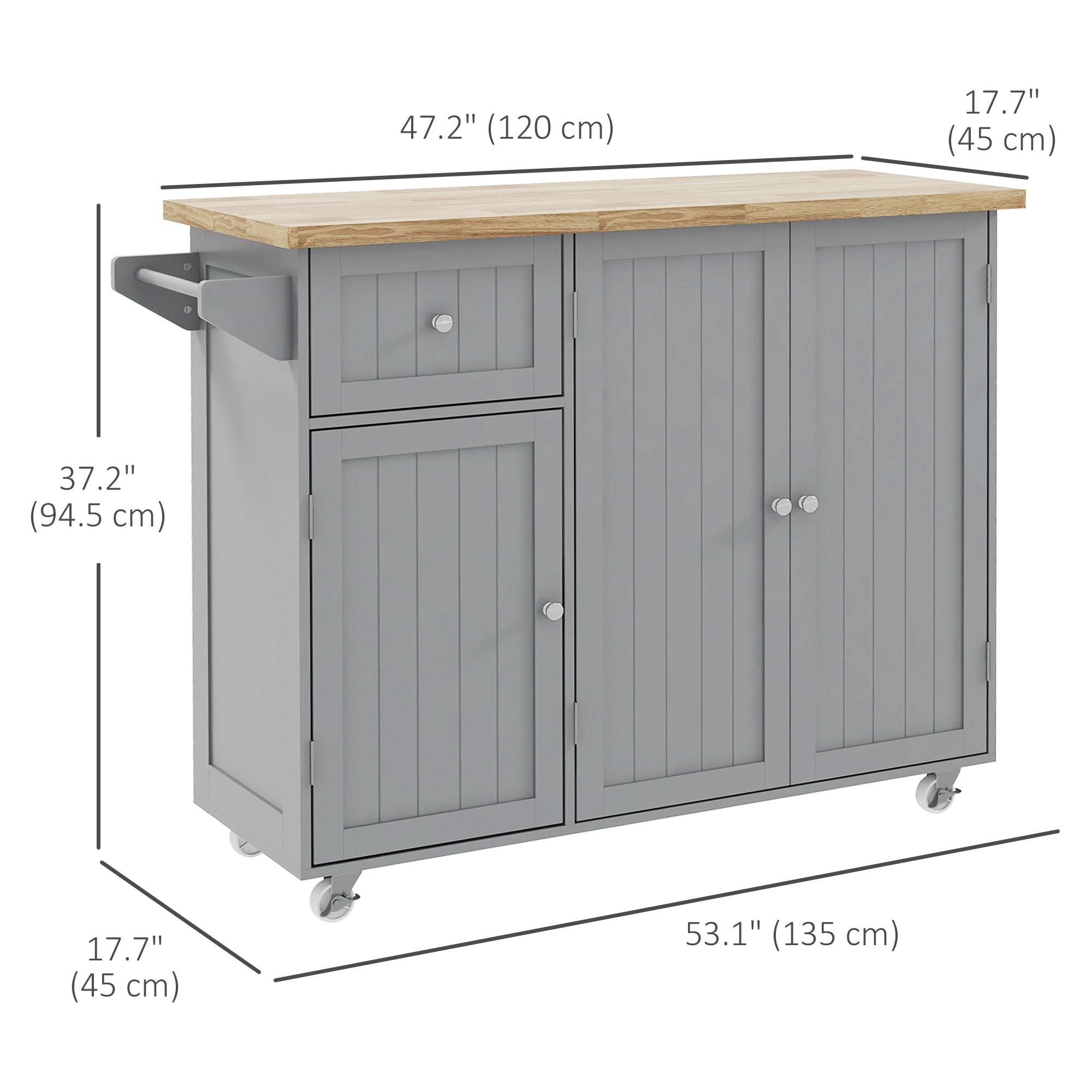 Rolling Kitchen Island with Storage, Utility Kitchen Island Cart with Drawer, Cabinets, Towel Rack and Rubber Wood Top Kitchen Islands & Kitchen Carts   at Gallery Canada