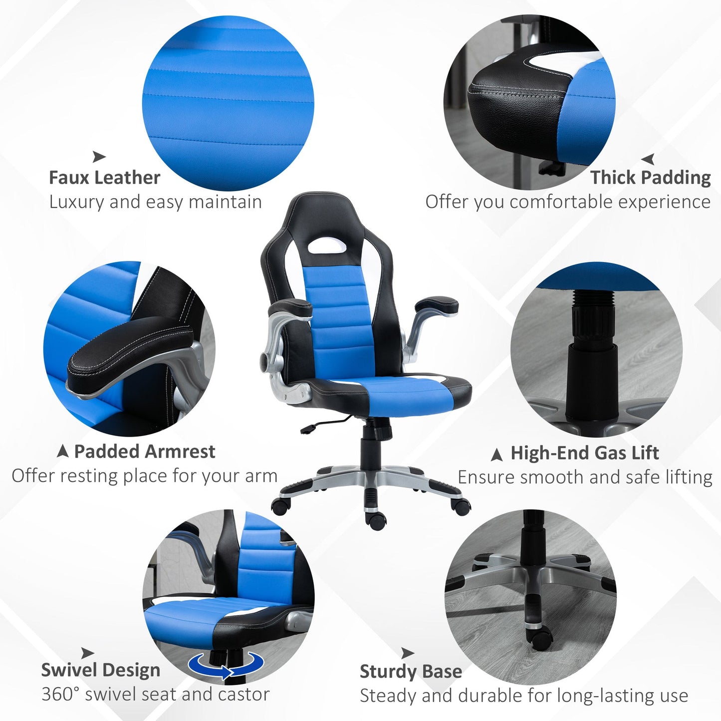 Racing Gaming Chair PU Leather Office Chair Executive Computer Desk Chair with Adjustable Height, Flip Up Armrest, Swivel Wheels, Blue Video Game Chairs   at Gallery Canada