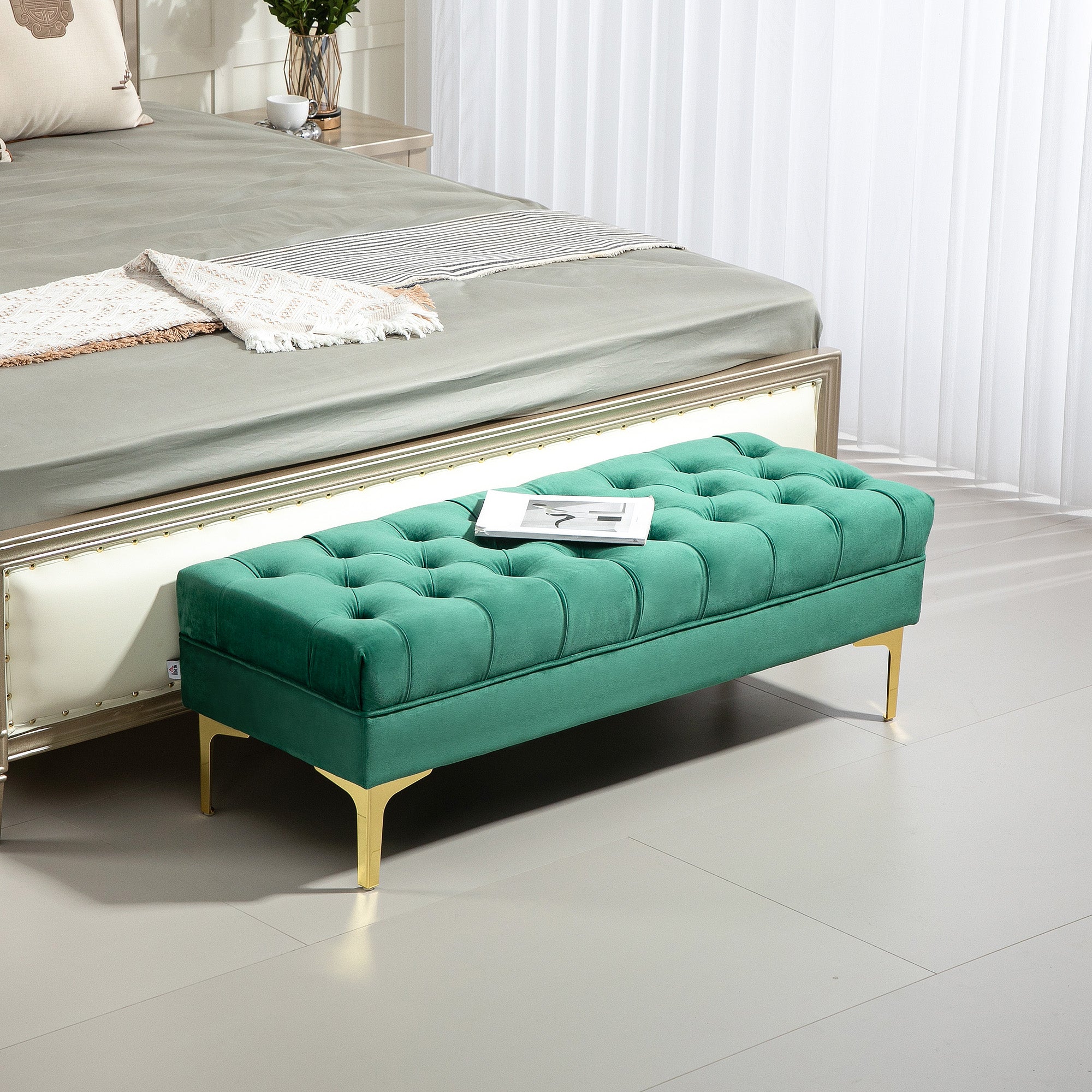End of Bed Bench, Upholstered Bench, Entryway Shoe Bench with Button Tufted for Living Room, Bedroom, Dark Green Storage Ottomans & Benches Dark Green at Gallery Canada