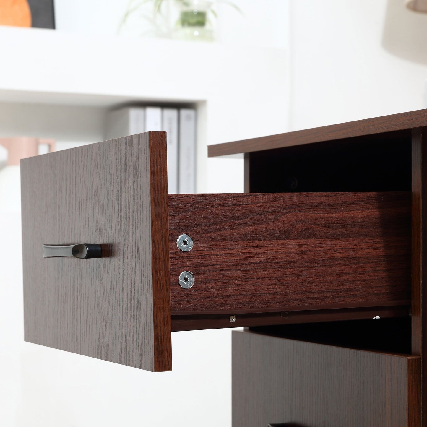 Computer Desk with 3-Tier Storage Shelves, 47 Inches Home Office Desk with Drawers, Study Writing Table, Walnut Writing Desks   at Gallery Canada