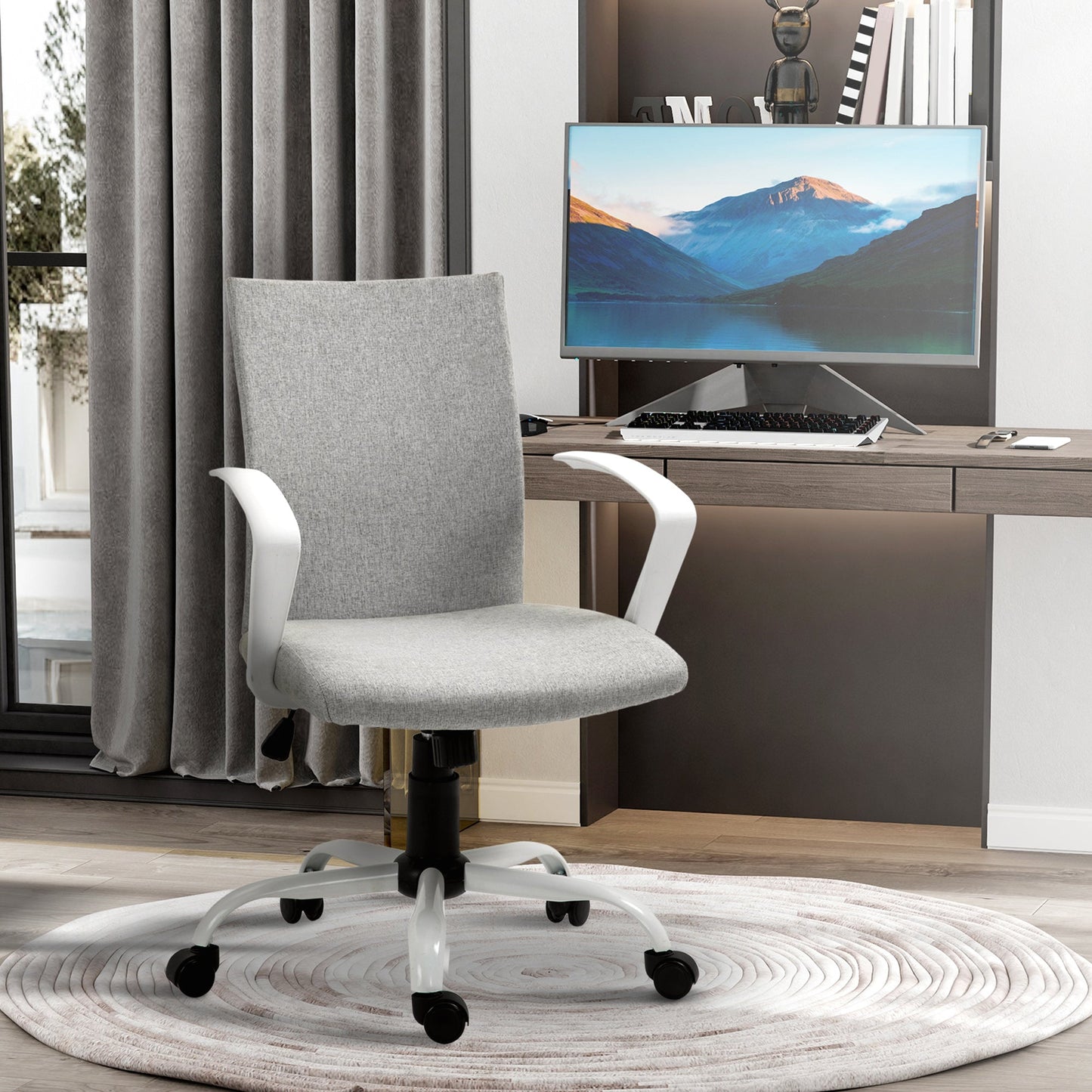 Mid Back Office Chair Linen Swivel Computer Study Chair Desk Chair with Wheels, Arm, Tilt Function, Light Grey Task Chairs   at Gallery Canada