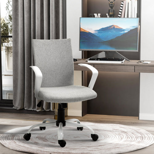 Mid Back Office Chair Linen Swivel Computer Study Chair Desk Chair with Wheels, Arm, Tilt Function, Light Grey