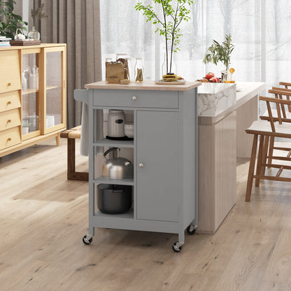 Modern Rolling Kitchen Island Cart with Drawer, Natural Wood Top, Towel Rack, Door Storage Cabinet, Grey Kitchen Islands & Kitchen Carts   at Gallery Canada