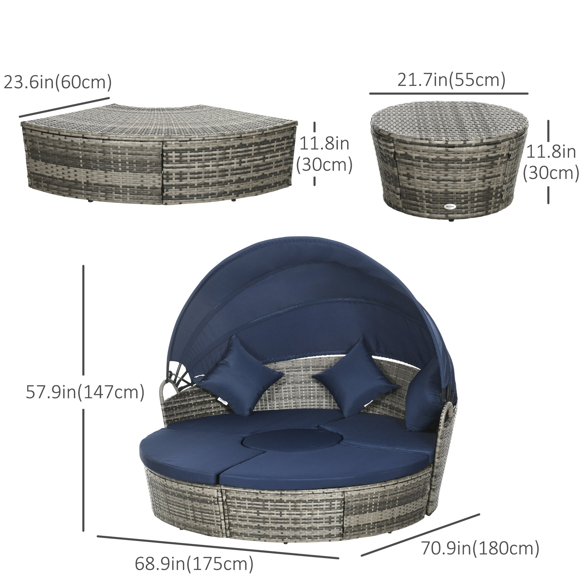 PE Rattan Wicker Outdoor Daybed with Retractable Canopy, Cushions, Dark Blue Daybeds   at Gallery Canada