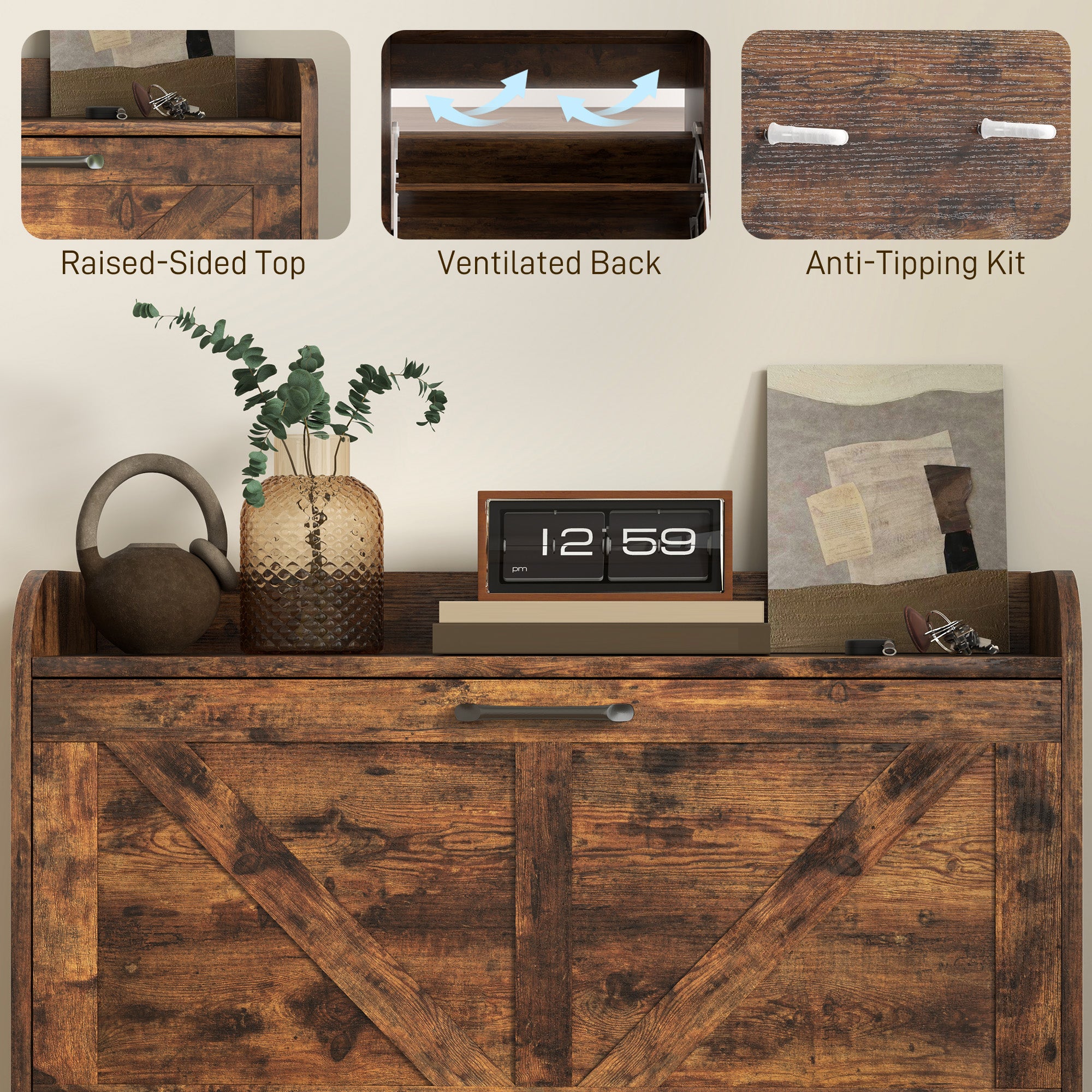 Narrow Shoe Storage Cabinet, Farmhouse Slim Shoe Cabinet with 2 Flip Drawers, Adjustable Shelves, Rustic Brown Shoe Storage Cabinets & Racks at Gallery Canada