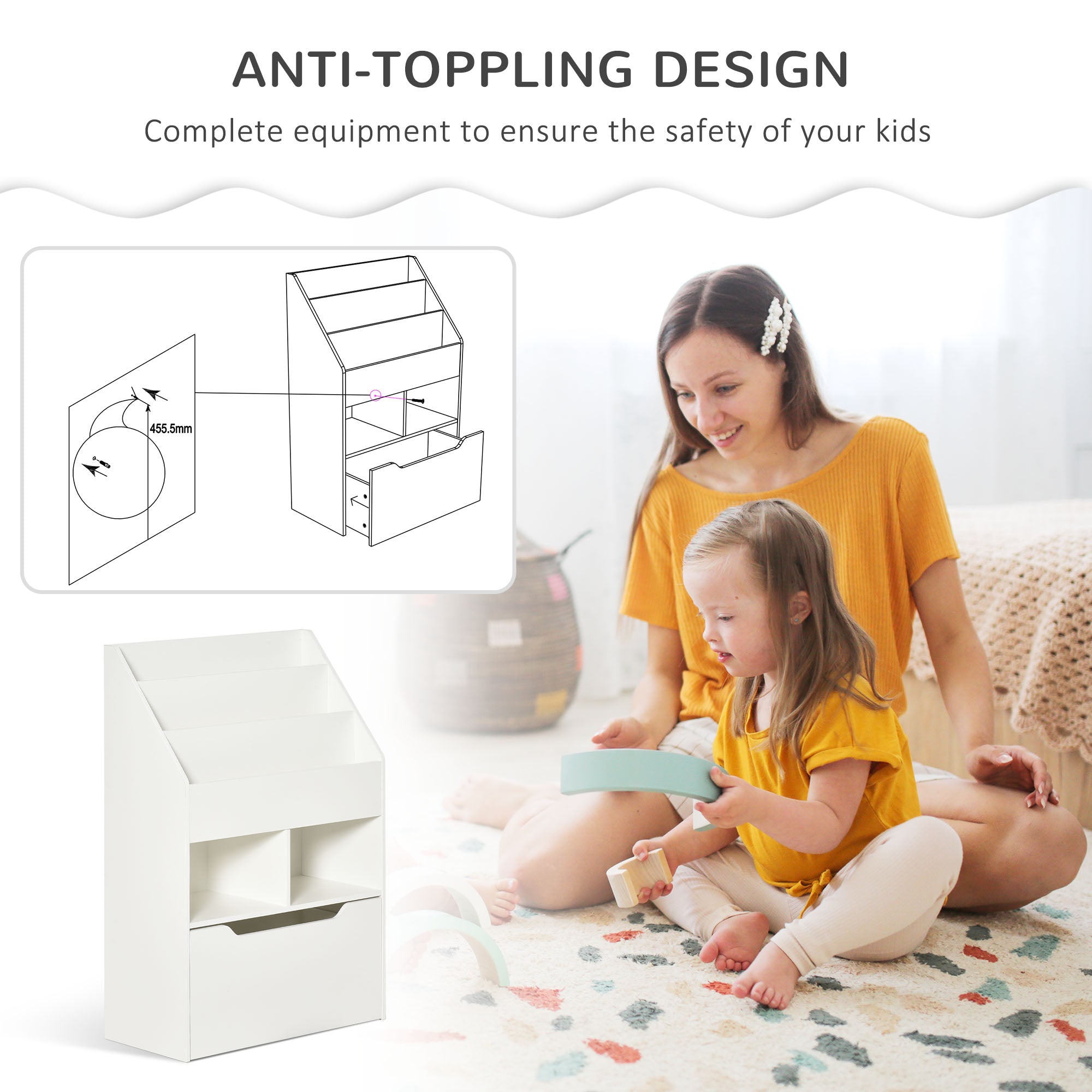 Kids Bookcase Multi-Shelf Rack Organizer with Storage Drawer for Books for Reading Nook, Classroom, Bedroom, Playroom, White Baby & Kids Storage at Gallery Canada