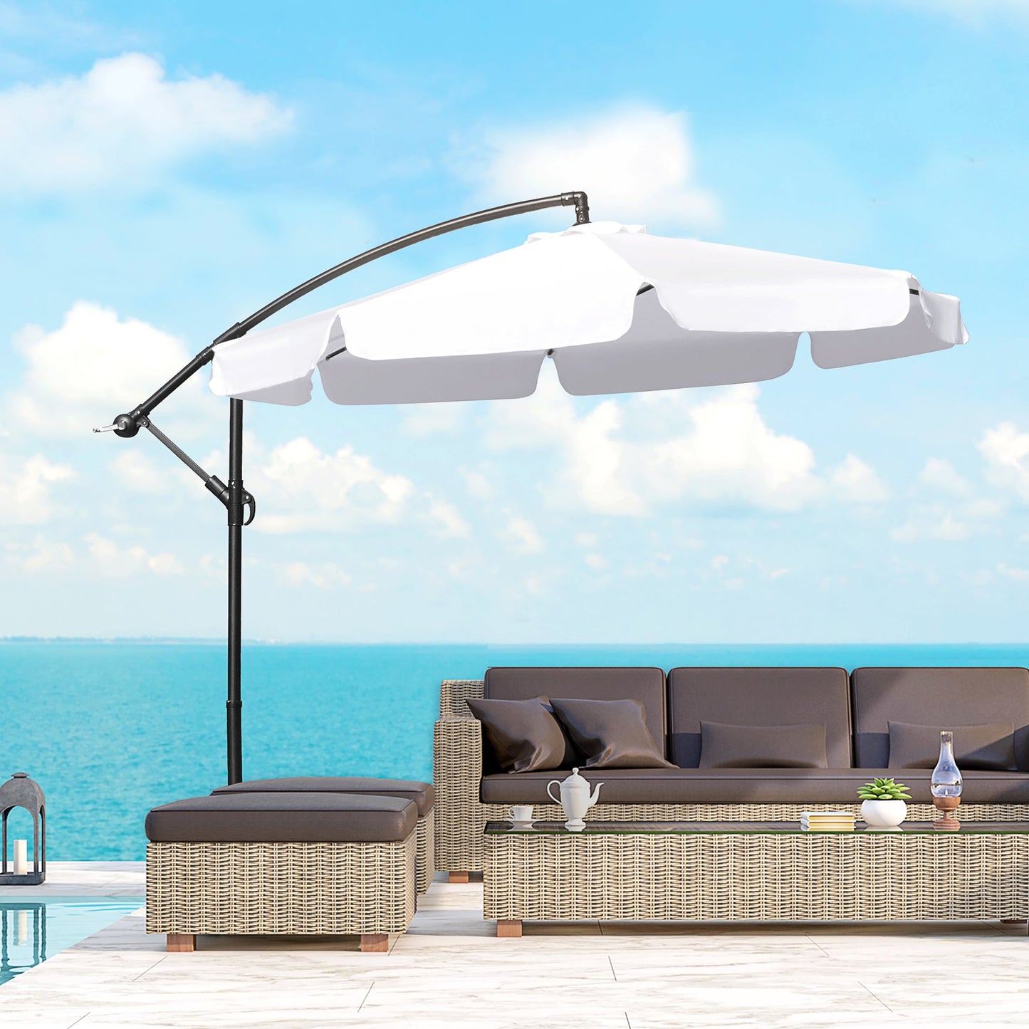 9FT Offset Hanging Patio Umbrella Cantilever Umbrella with Easy Tilt Adjustment, Cross Base and 8 Ribs for Backyard, Poolside, Lawn and Garden, White Cantilever Umbrellas   at Gallery Canada