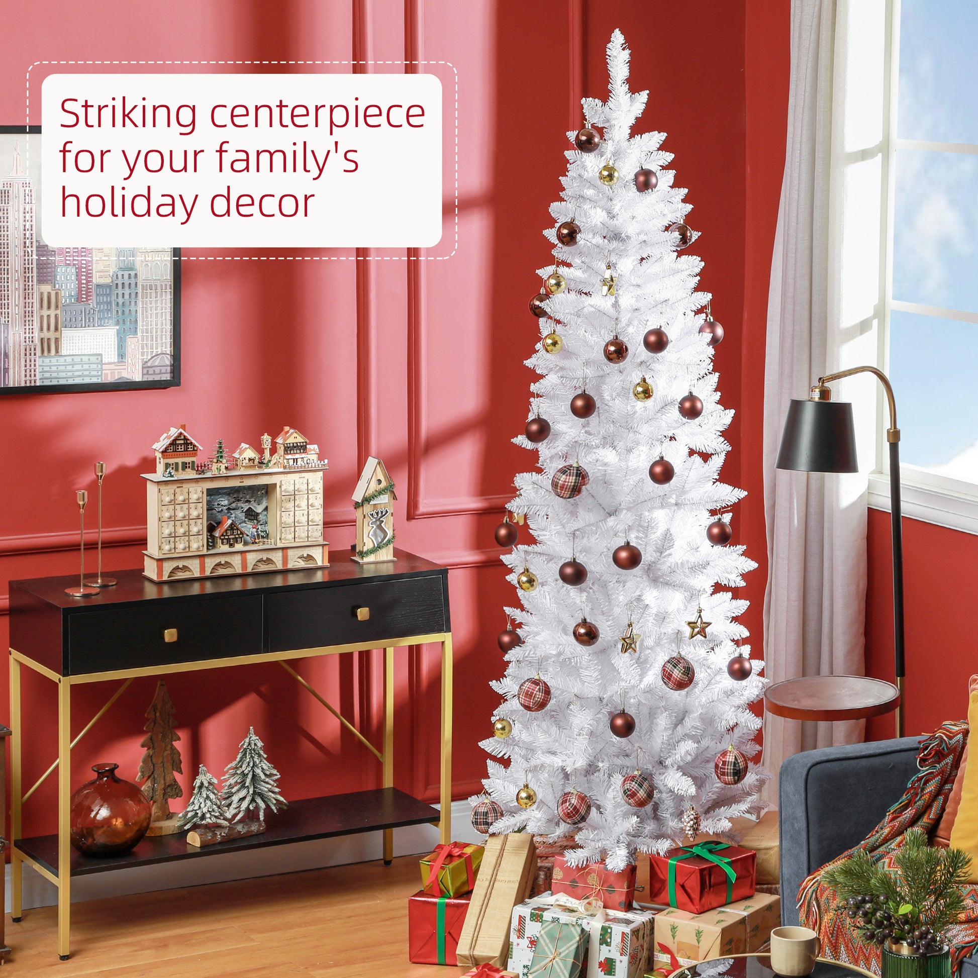 7ft Tall Pencil Artificial Christmas Tree with 687 Branch Tips with Steel Base, White Pencil Christmas Trees   at Gallery Canada