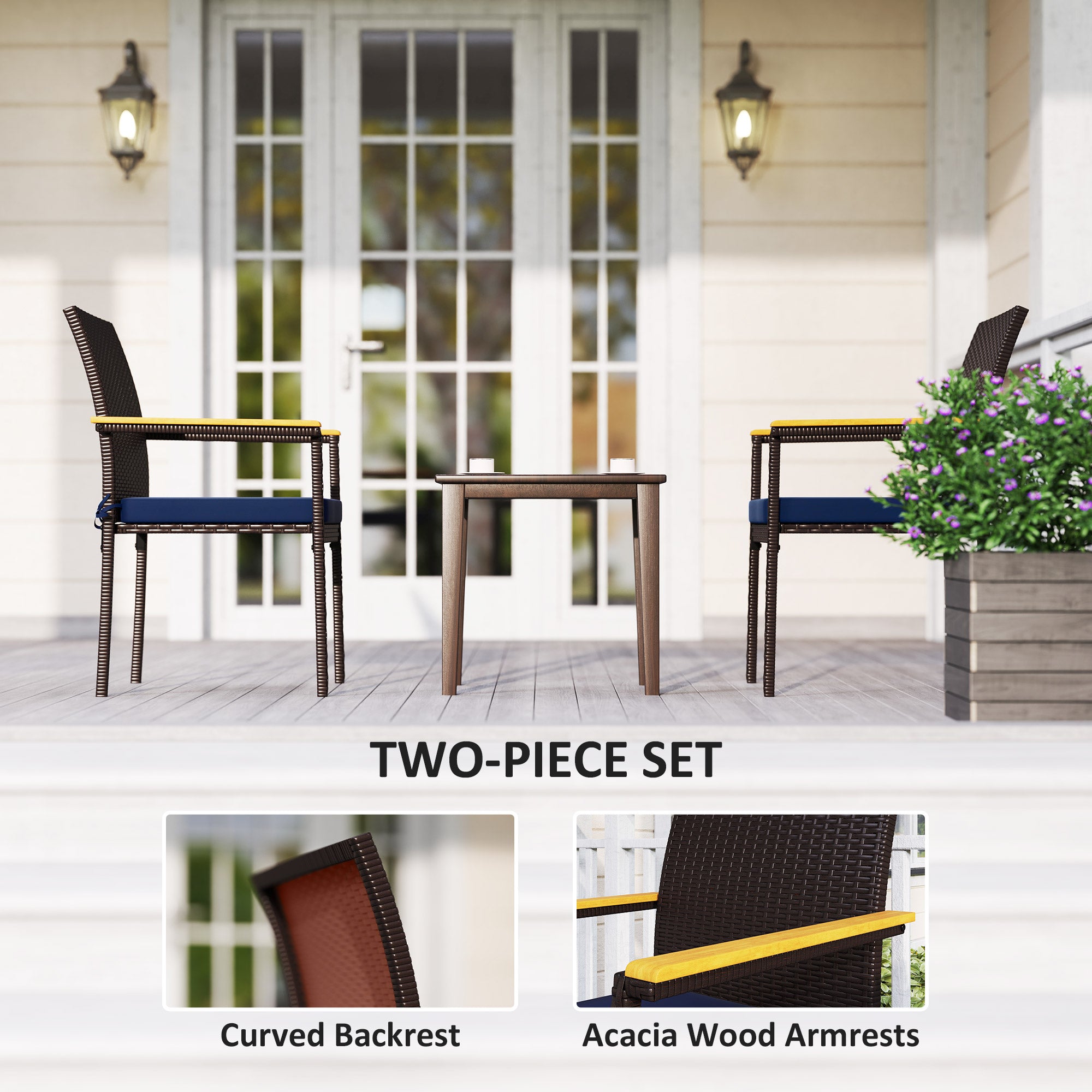 Stackable Wicker Patio Chairs Set of 2 with Removable Cushion, Armrest for Garden, Porch, Yard, Navy Blue Patio Chairs at Gallery Canada