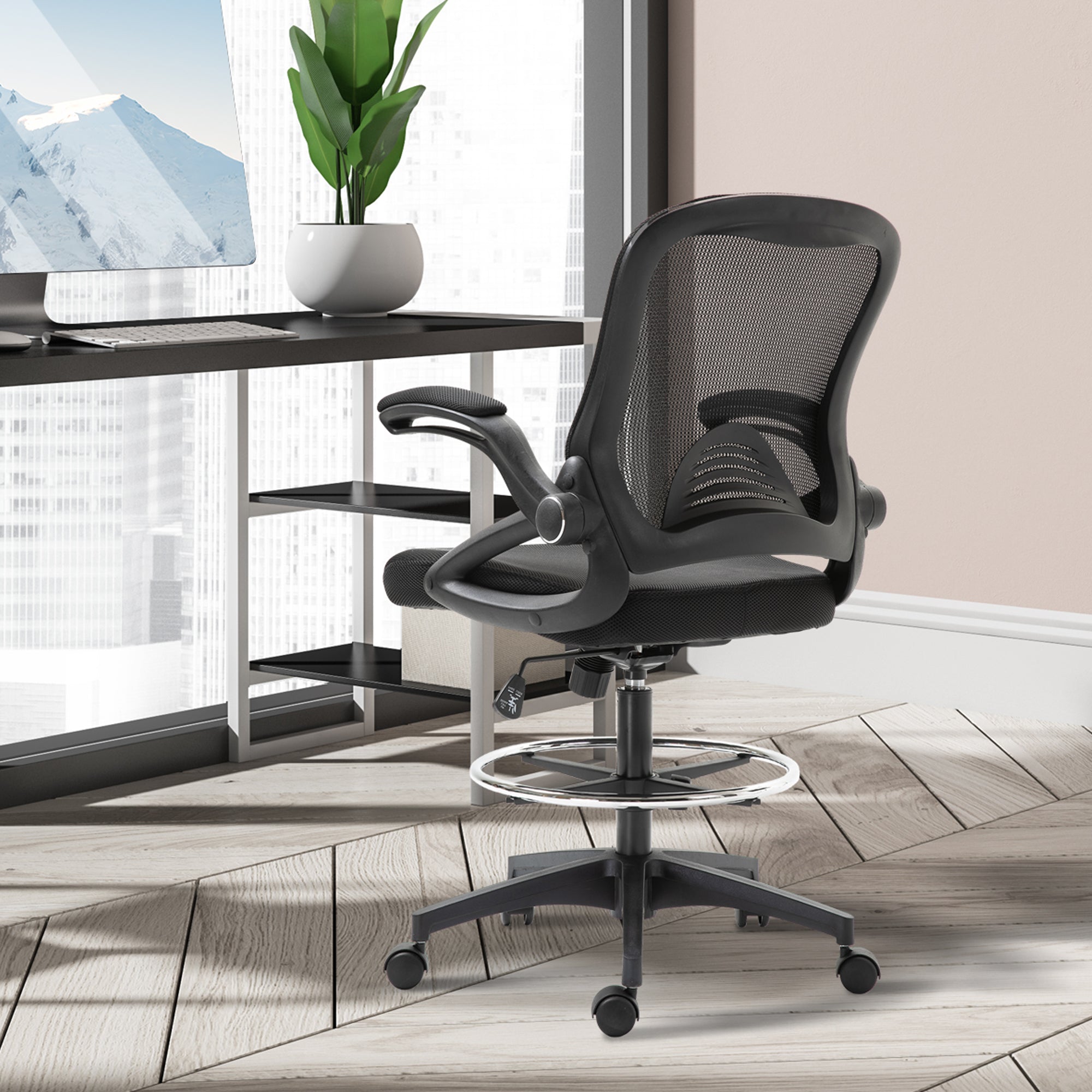 Adjustable Drafting Chair Tall Office Stand-Up Chair with Flip-up Armrest and Foot Ring, 360° Swivel, Black Task Chairs   at Gallery Canada