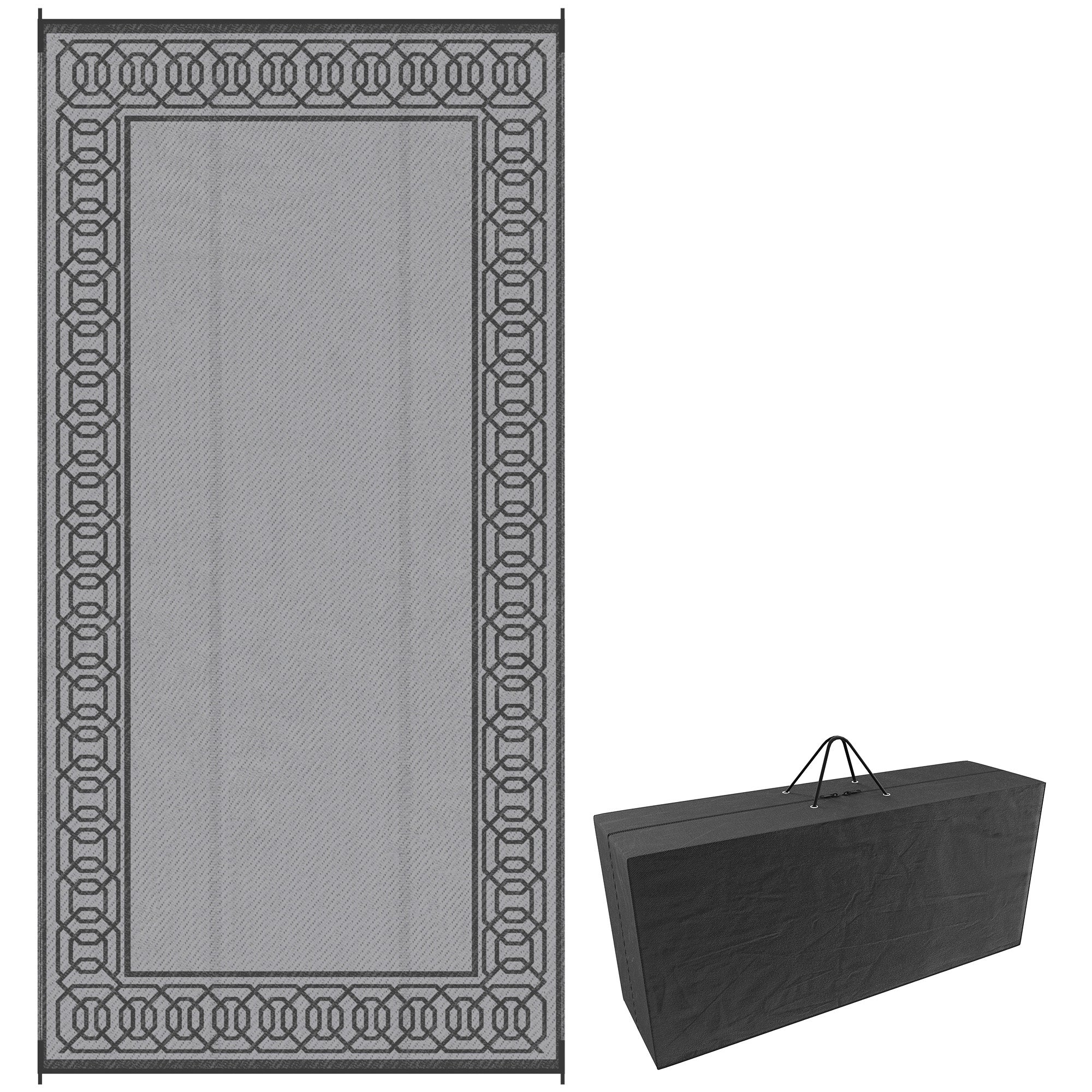 Portable Outdoor Rug with Carrying Bag, 9' x 18' Reversible Mat, Waterproof Plastic Straw RV Rug for Backyard, Deck, Picnic, Beach, Camping, Black and Grey Outdoor Reversible Rugs Black and Grey at Gallery Canada