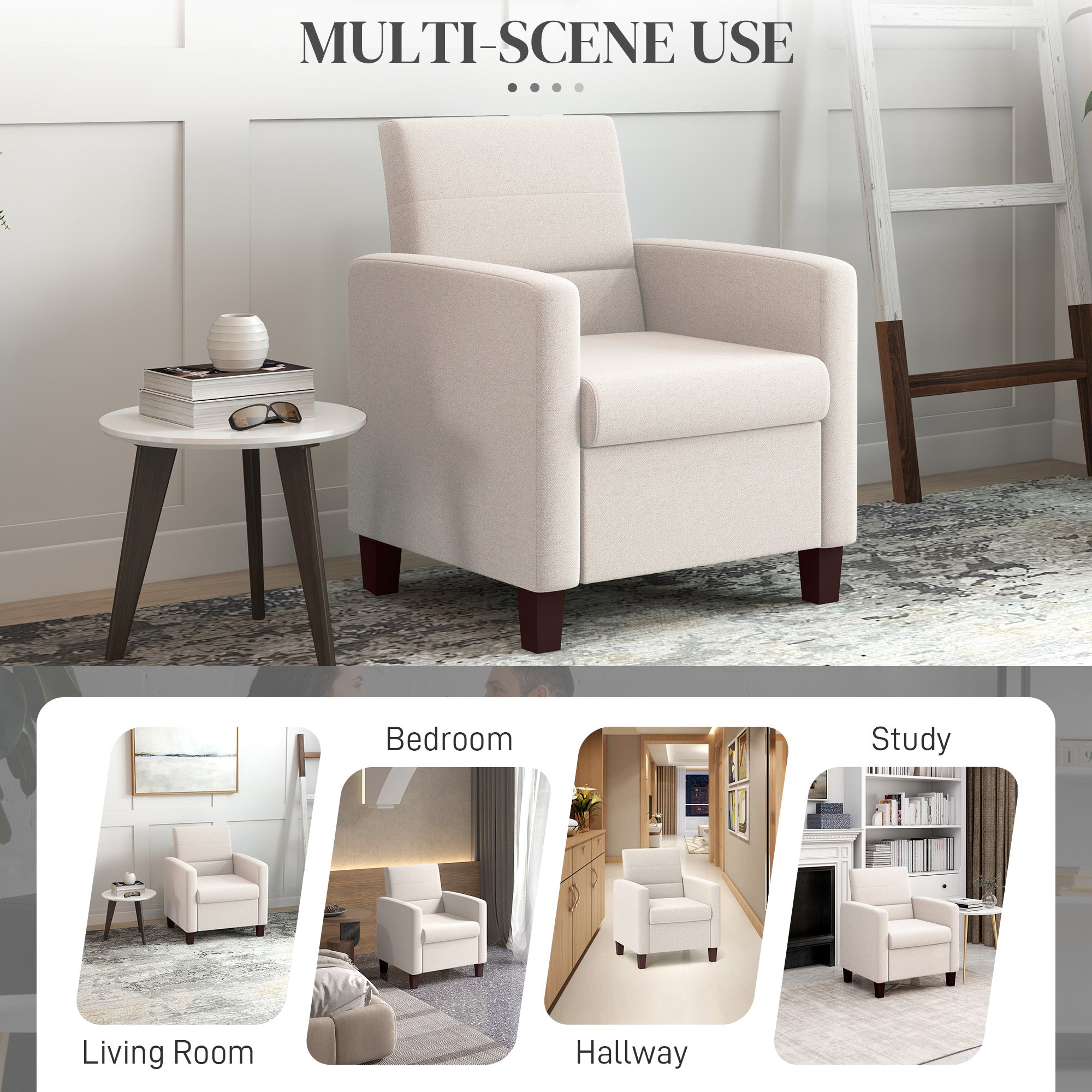 Fabric Accent Chair, Modern Armchair with Seat Cushion and Non-Slip Pads for Living Room, Bedroom, Cream White Accent Chairs at Gallery Canada