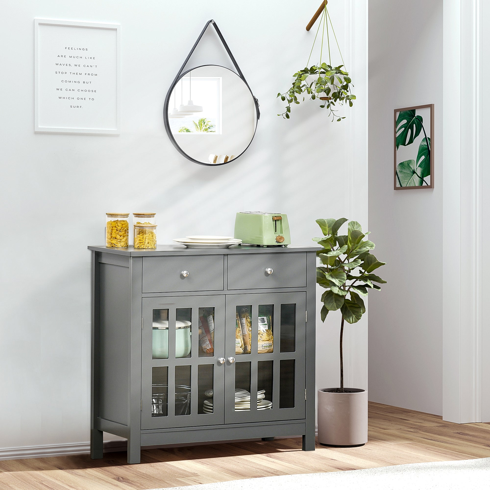 Accent Kitchen Cabinet with Glass Doors, Adjustable Shelf and 2 Drawers for Kitchen ,Grey Bar Cabinets Grey  at Gallery Canada