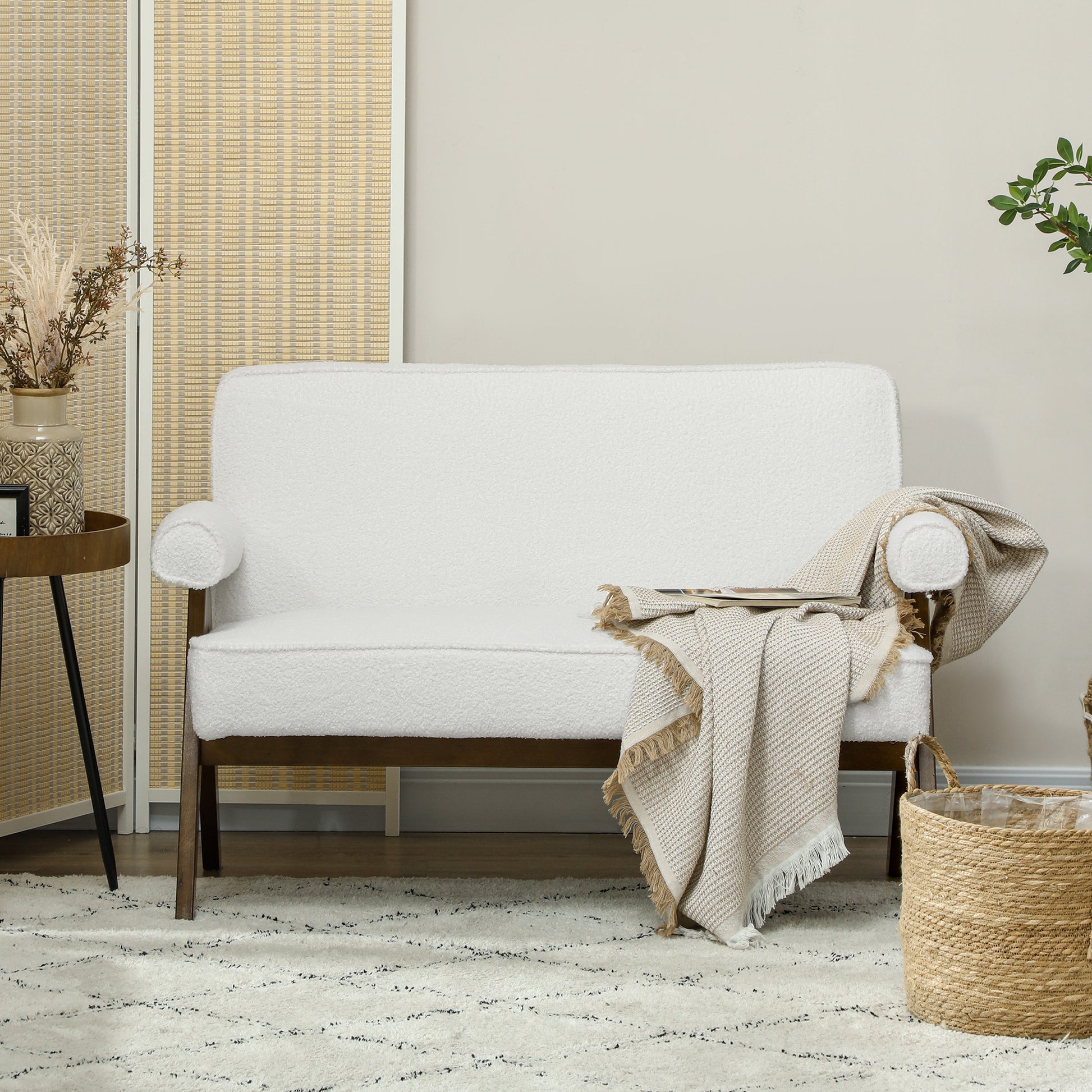 Boucle Fabric 2 Seater Sofa, Small Sofa Loveseat with Thick Padding and Wood Legs, Cream White 2-Seater Sofas   at Gallery Canada