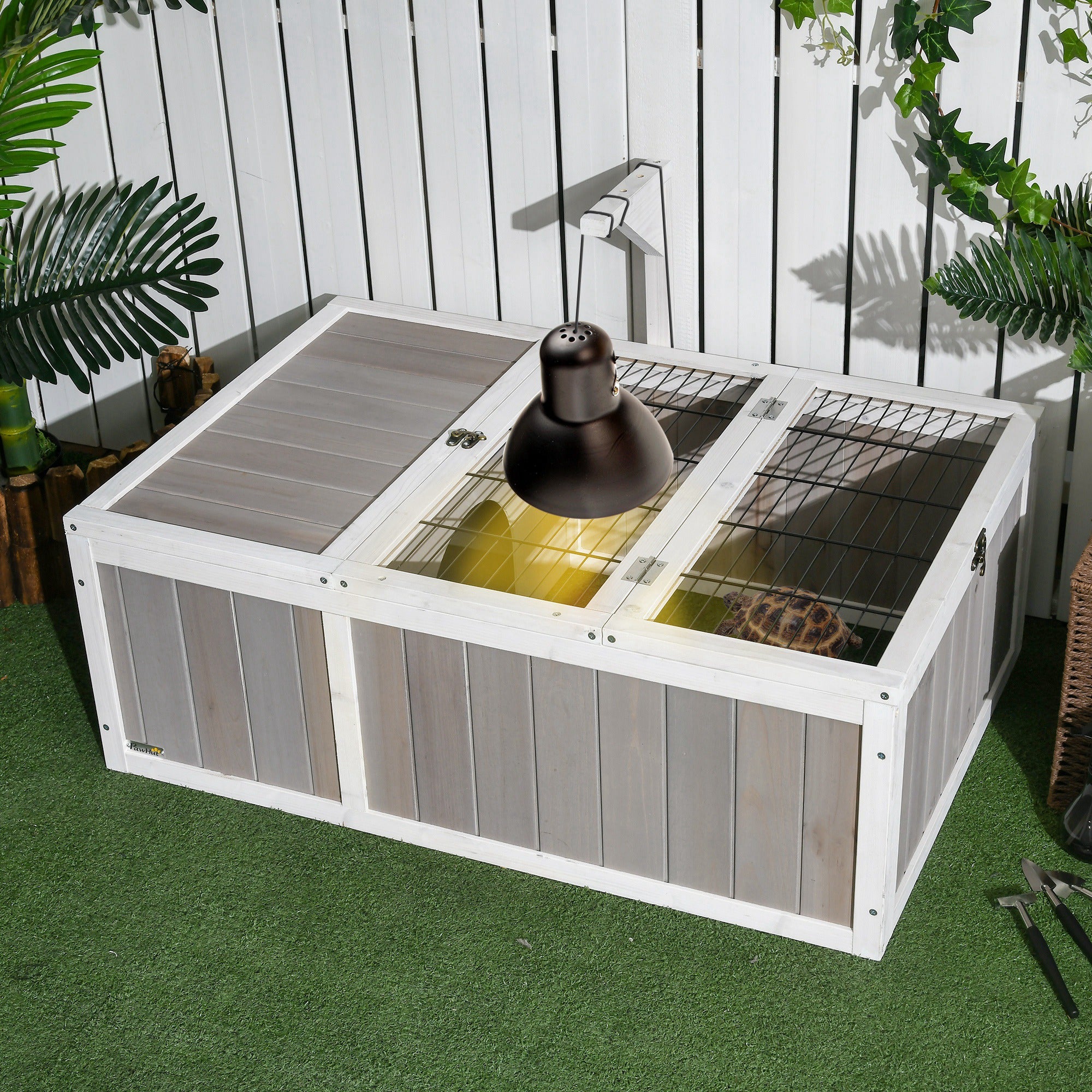 Wooden Tortoise Habitat with Openable Top, Run Cage, Two Rooms, Grey Houses & Habitats at Gallery Canada