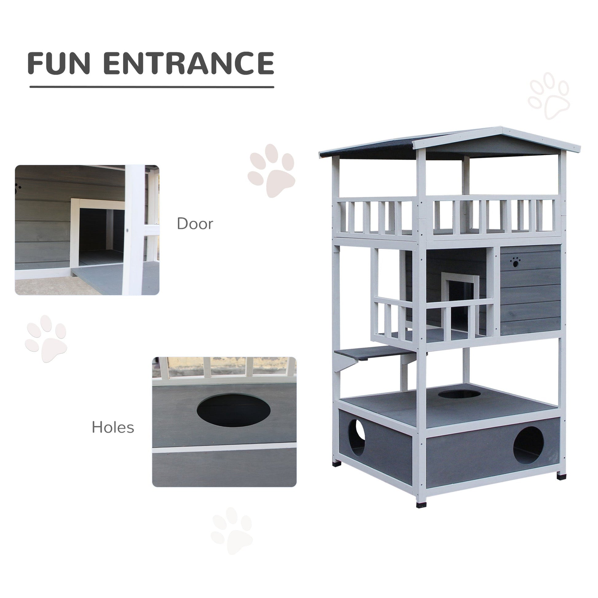 4-Floor Wood Outdoor Cat House Catio for Cats with Condo, Fun Entrances, Perch, Grey Cat Houses   at Gallery Canada