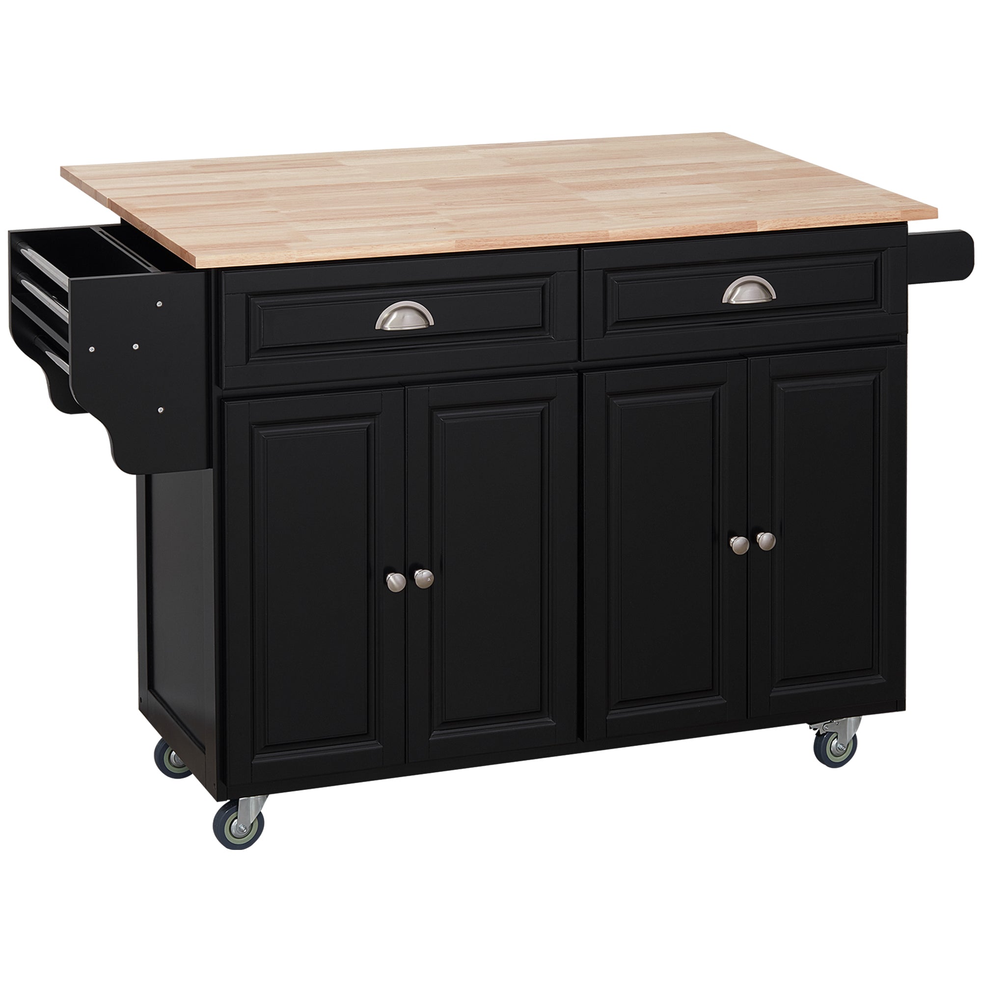 Rolling Kitchen Island on Wheels Utility Cart with Drop-Leaf, Rubber Wood Countertop, Storage Drawers, Door Cabinets and Adjustable Shelves, Black Kitchen Islands & Kitchen Carts Black  at Gallery Canada