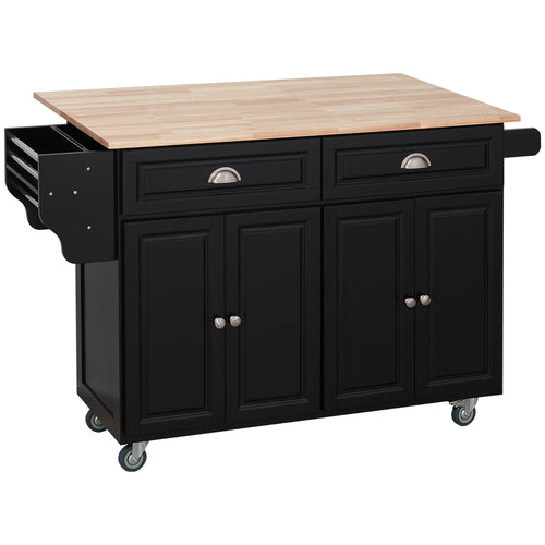 Rolling Kitchen Island on Wheels Utility Cart with Drop-Leaf, Rubber Wood Countertop, Storage Drawers, Door Cabinets and Adjustable Shelves, Black