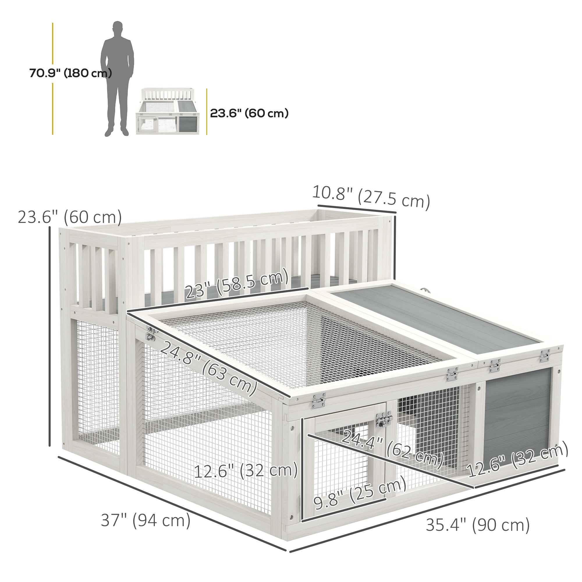 Rabbit Cage Outdoor Indoor Guinea Pig Cage with Run, Openable Tops, for 1-2 Rabbits, 37