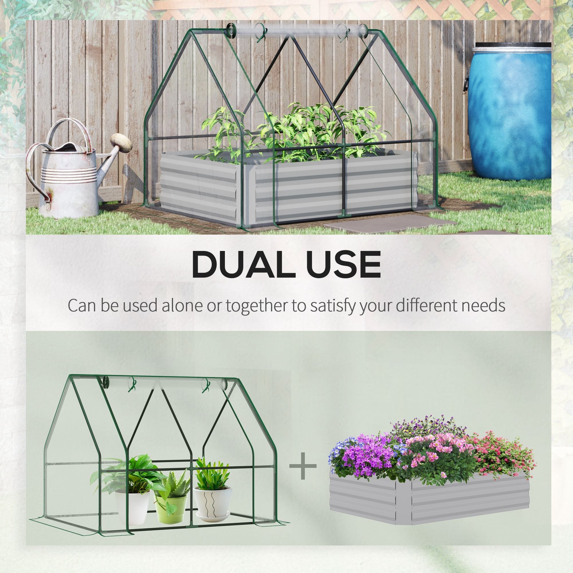 Steel Outdoor Raised Garden Bed with Greenhouse,Cover, Roll Up Door, Dual Use, 50