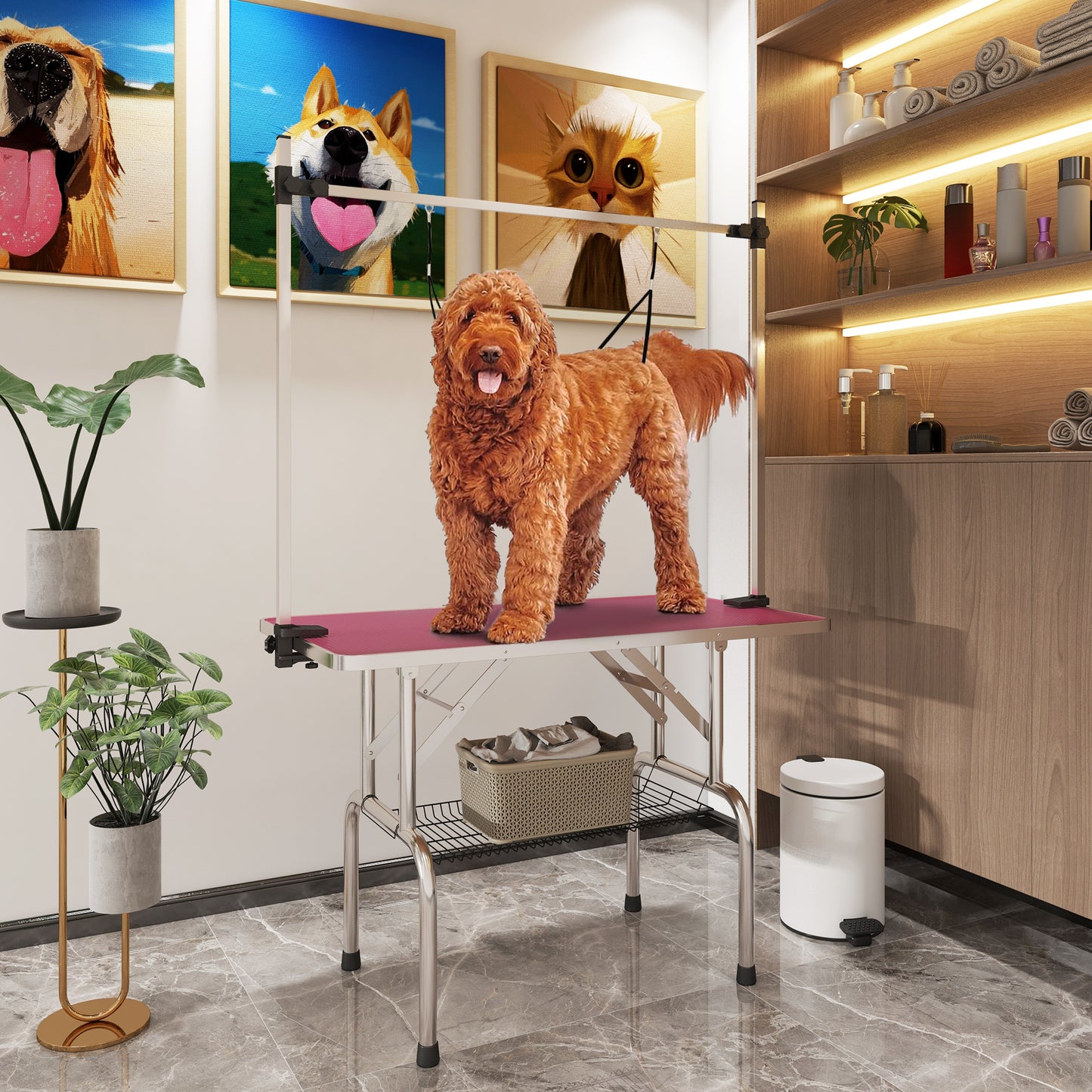 Adjustable Dog Grooming Table with 2 Safety Slings, Storage Basket, Pink Dog Grooming Tables Pink  at Gallery Canada