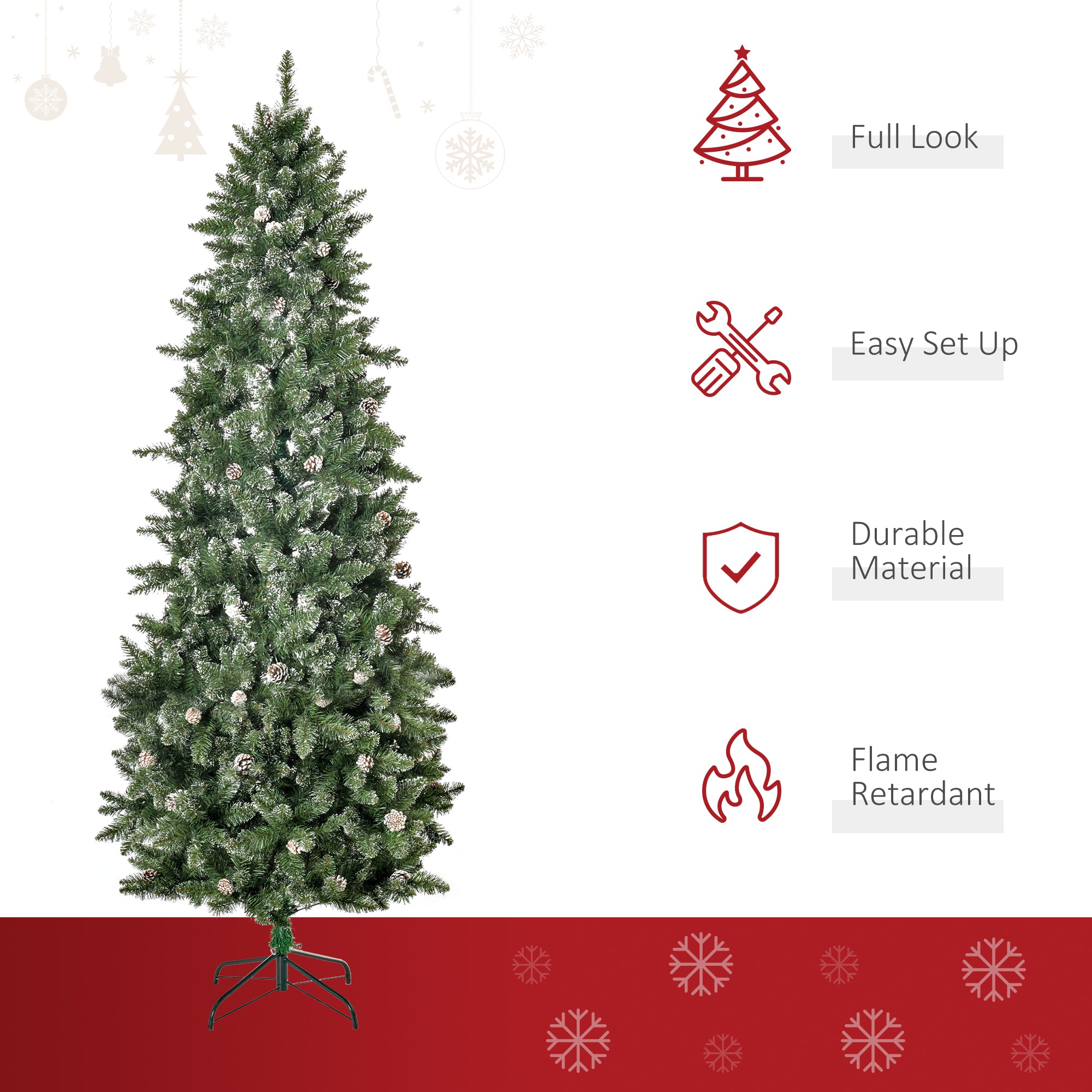 7.5ft Artificial Christmas Tree, Flocked Christmas Tree with Pine Cones, 1119 Branch Tips and Metal Base, Green Flocked Christmas Trees   at Gallery Canada