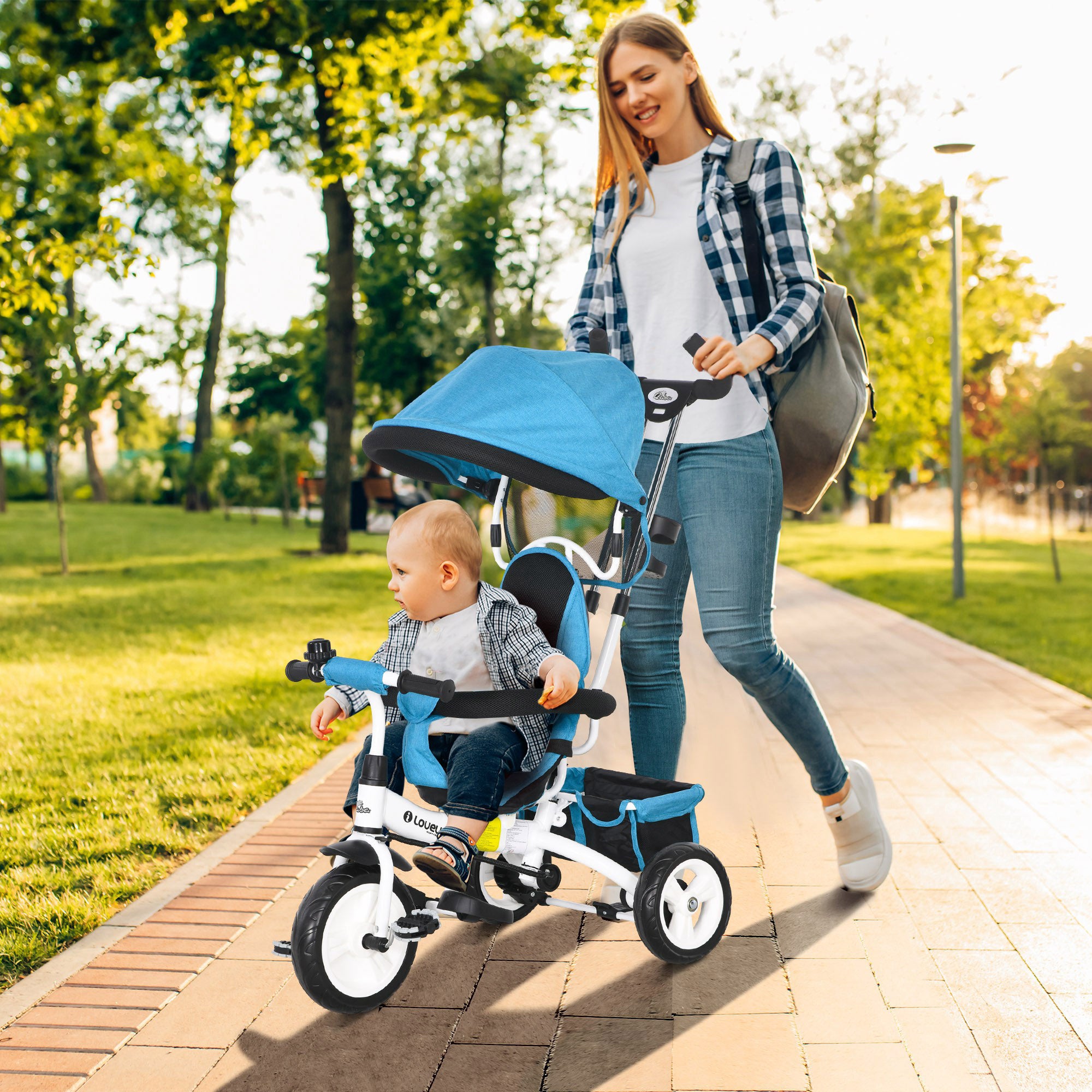 6 in 1 Toddler Tricycle Stroller with Basket, Canopy, 5-point Safety Harness, for 12-60 Months, Blue Tricycles for Kids at Gallery Canada