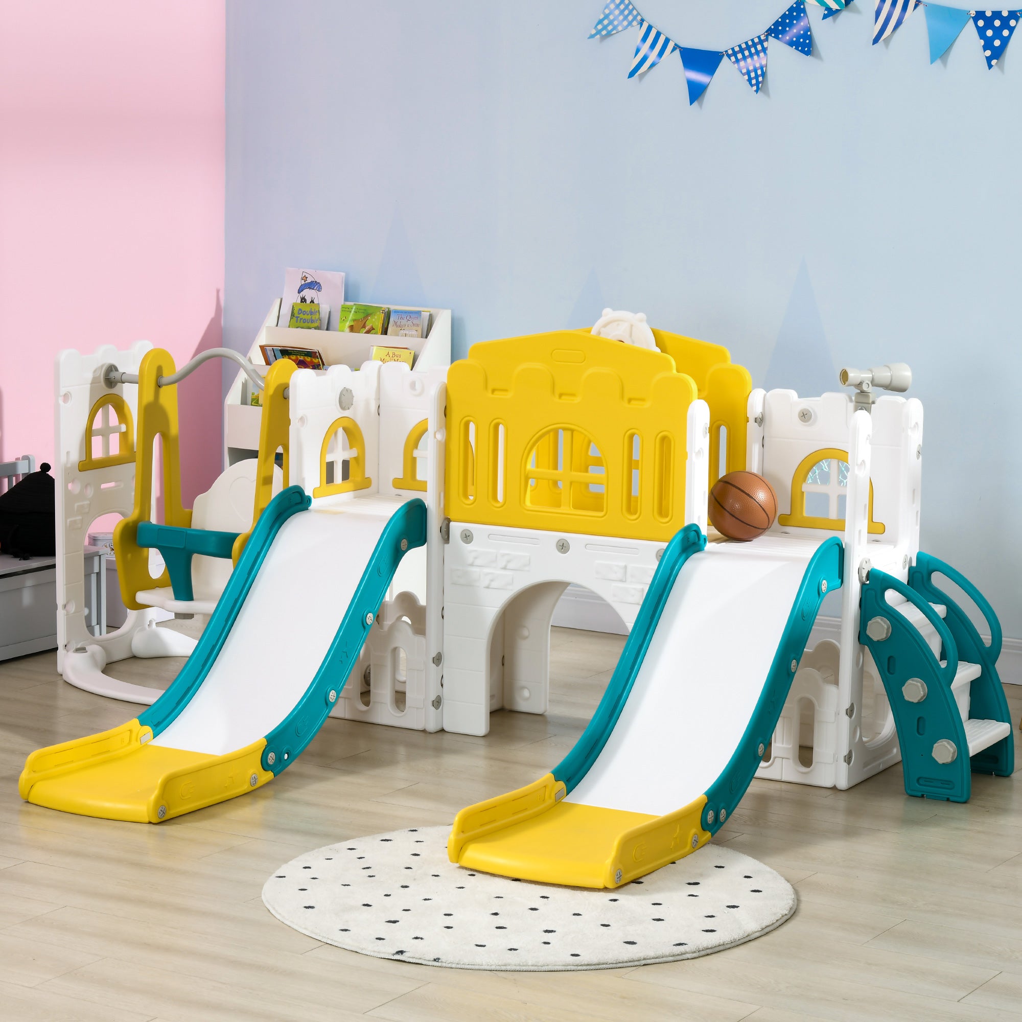 8 in 1 Slide and Swing Set, Baby Swing Set with Basketball Hoop, Climber, Steering Wheel, for Aged 1-3 Years, Yellow Gym Sets & Swings at Gallery Canada