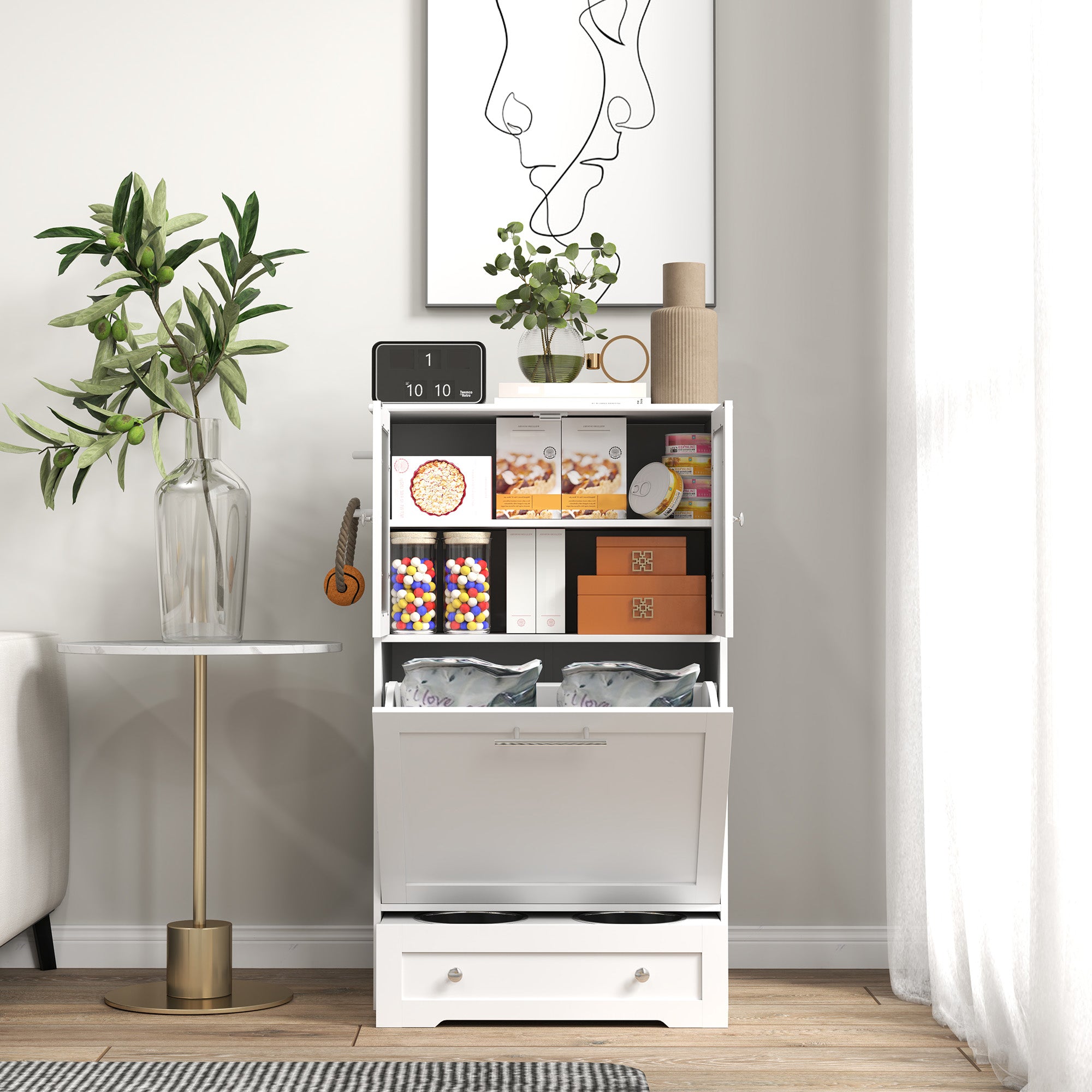Dog Feeding Station with 2 Storage Cabinets, 2 Elevated Bowls, Side Hooks, Anti-tip Kit for Water and Feeding Supplies Dog Bowls at Gallery Canada