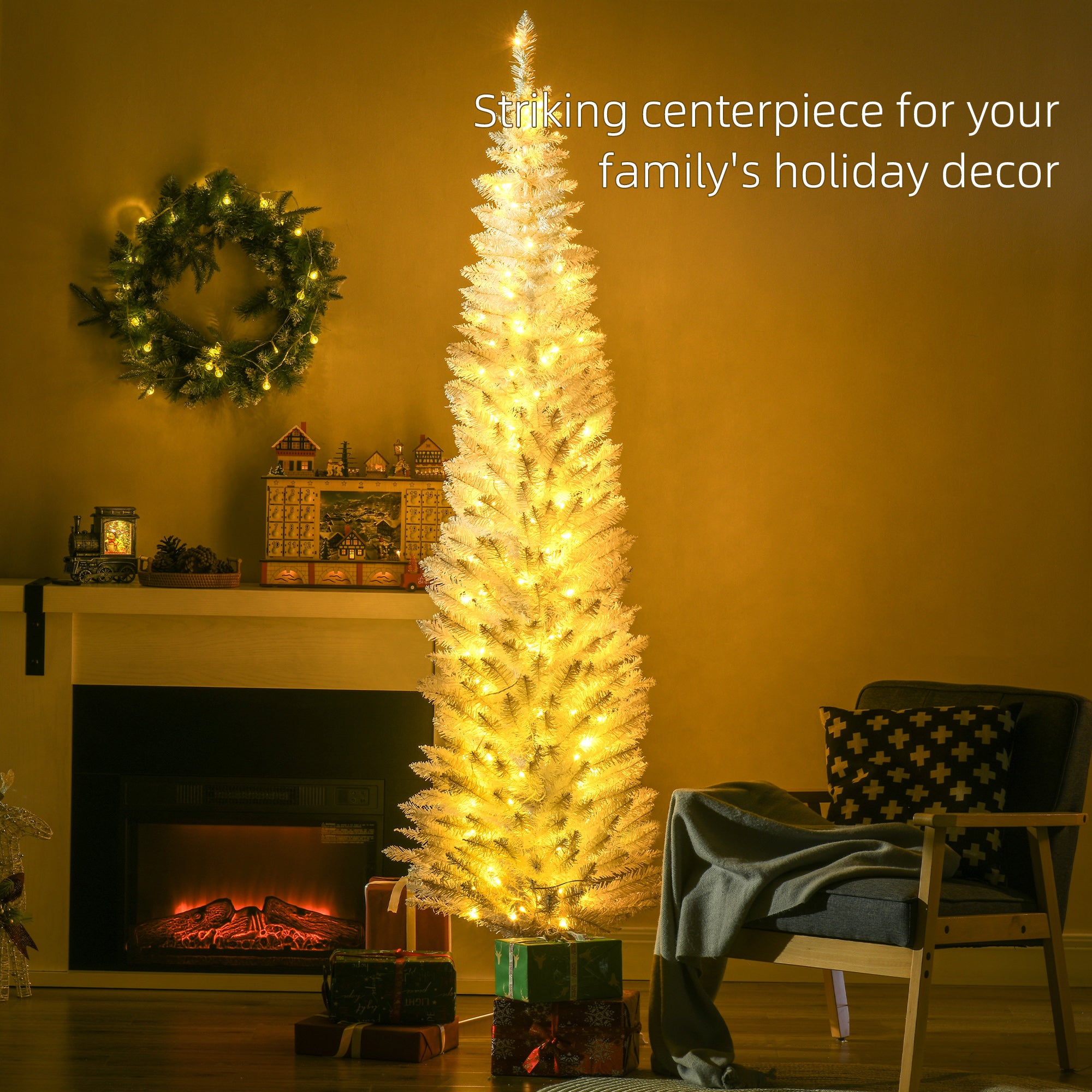 7' Pre Lit Artificial Pencil Christmas Trees, Xmas Tree with Realistic Branches and Warm White LED Lights, White Pencil Christmas Trees at Gallery Canada
