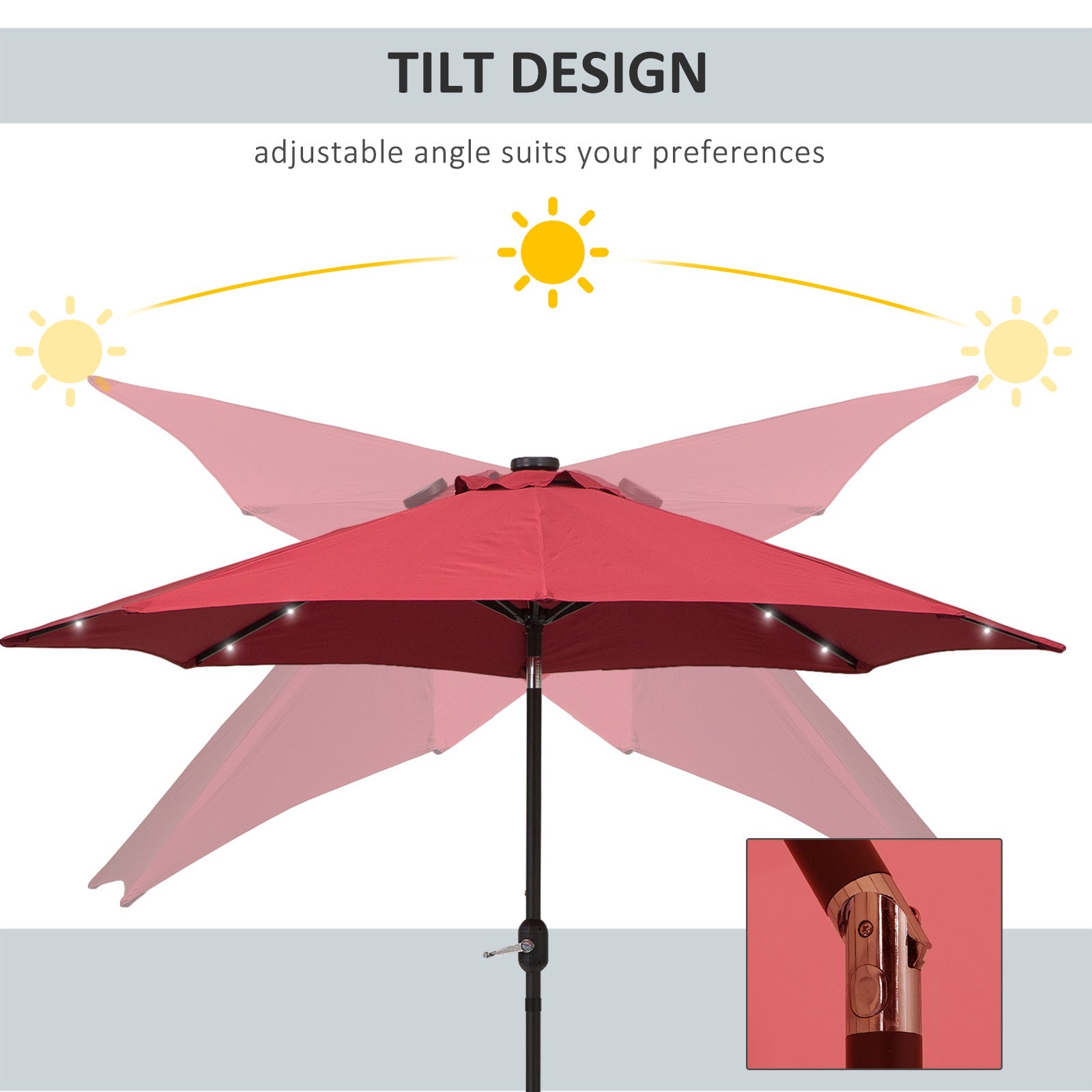 9ft Solar Patio Umbrella Outdoor Sunshade 24 LED Lights Tilt Canopy, Wine Red Sun Umbrellas   at Gallery Canada