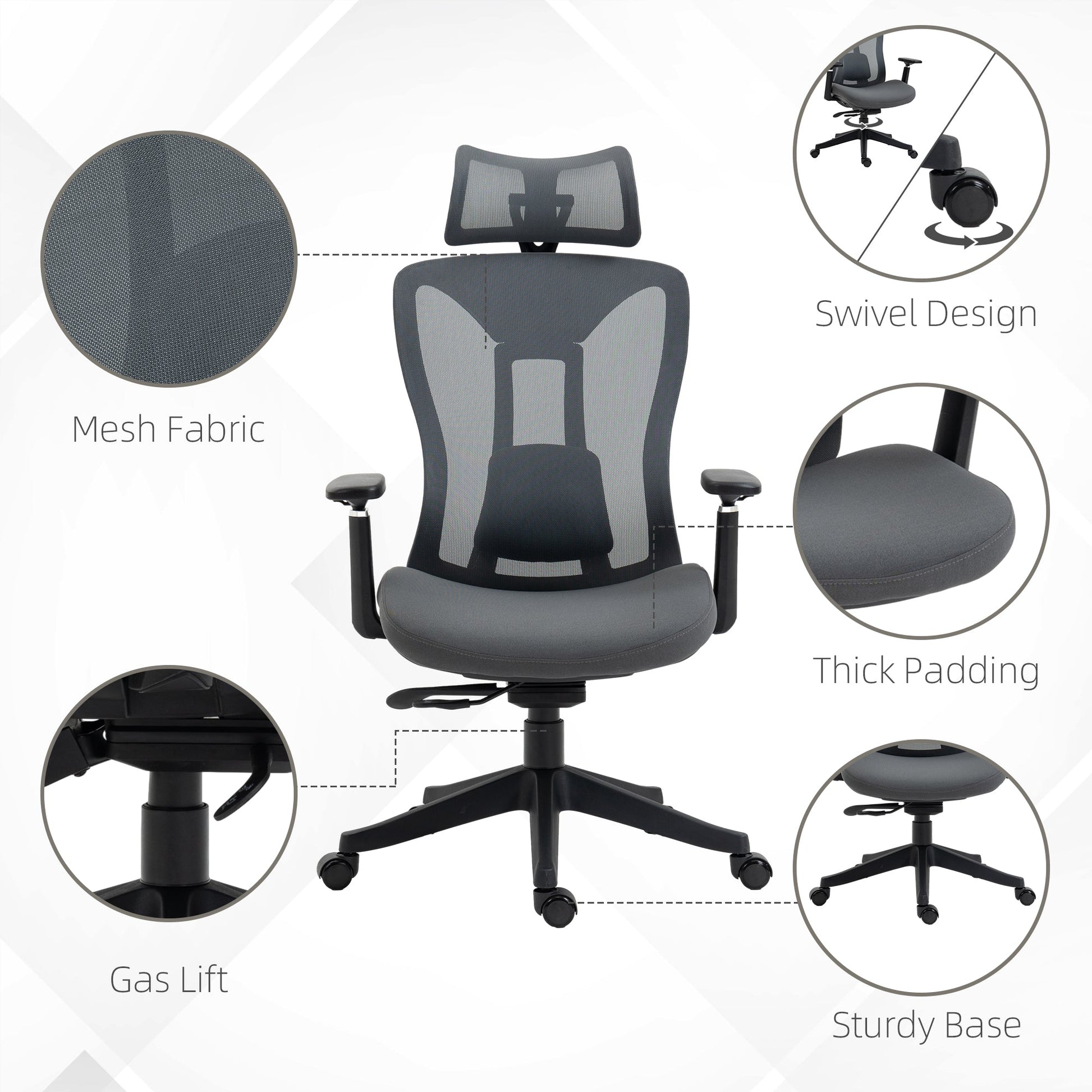 High Back Office Chair, Mesh Computer Desk Chair with Adjustable Headrest, Lumbar Support, 3D Armrest, Reclining Back, Sliding Seat, Grey - Gallery Canada