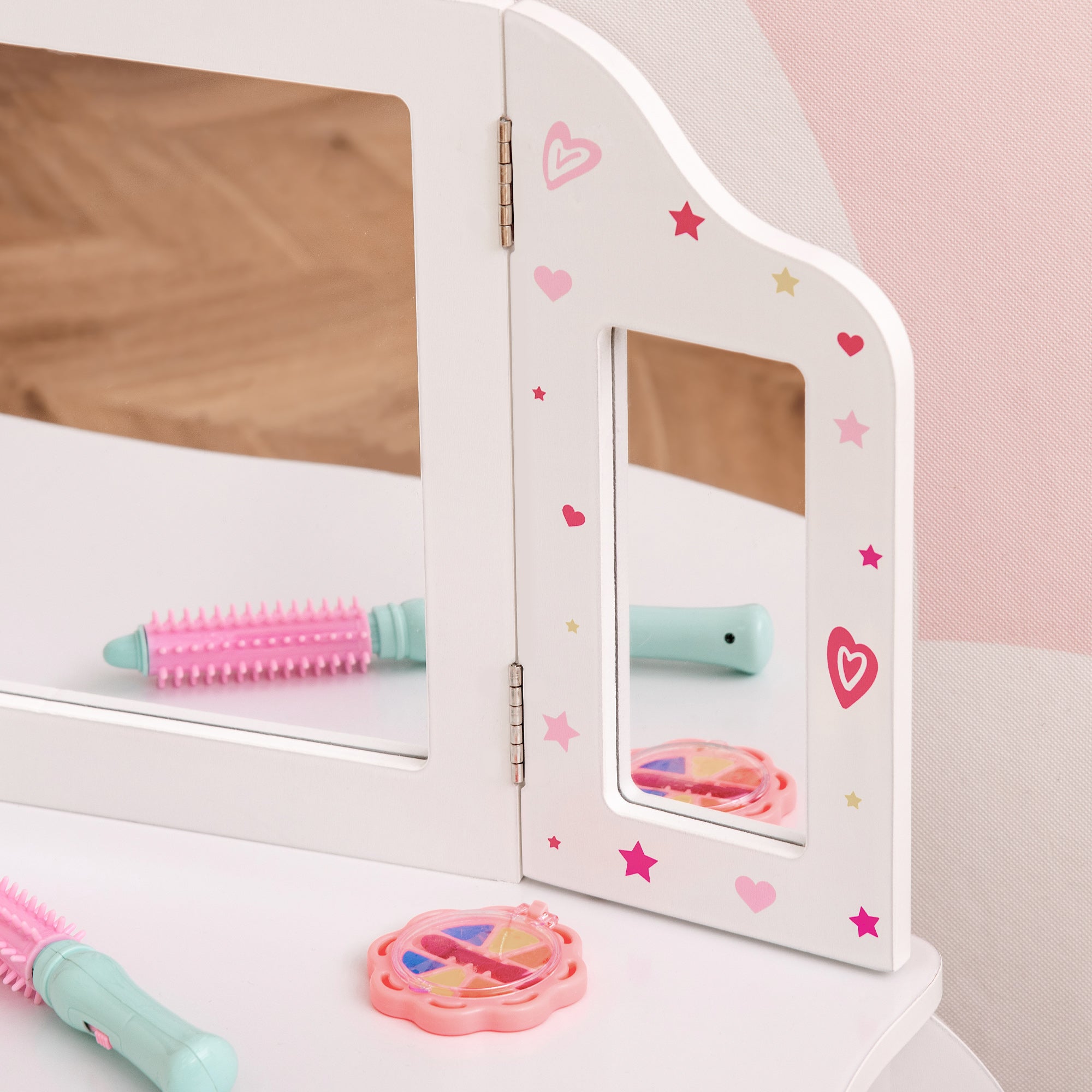 Kids Vanity Table and Stool, Makeup Vanity Girls Dressing Table Set with Tri-folding Mirrors Drawer Star and Heart Pattern, White Kids Bedroom Furniture at Gallery Canada