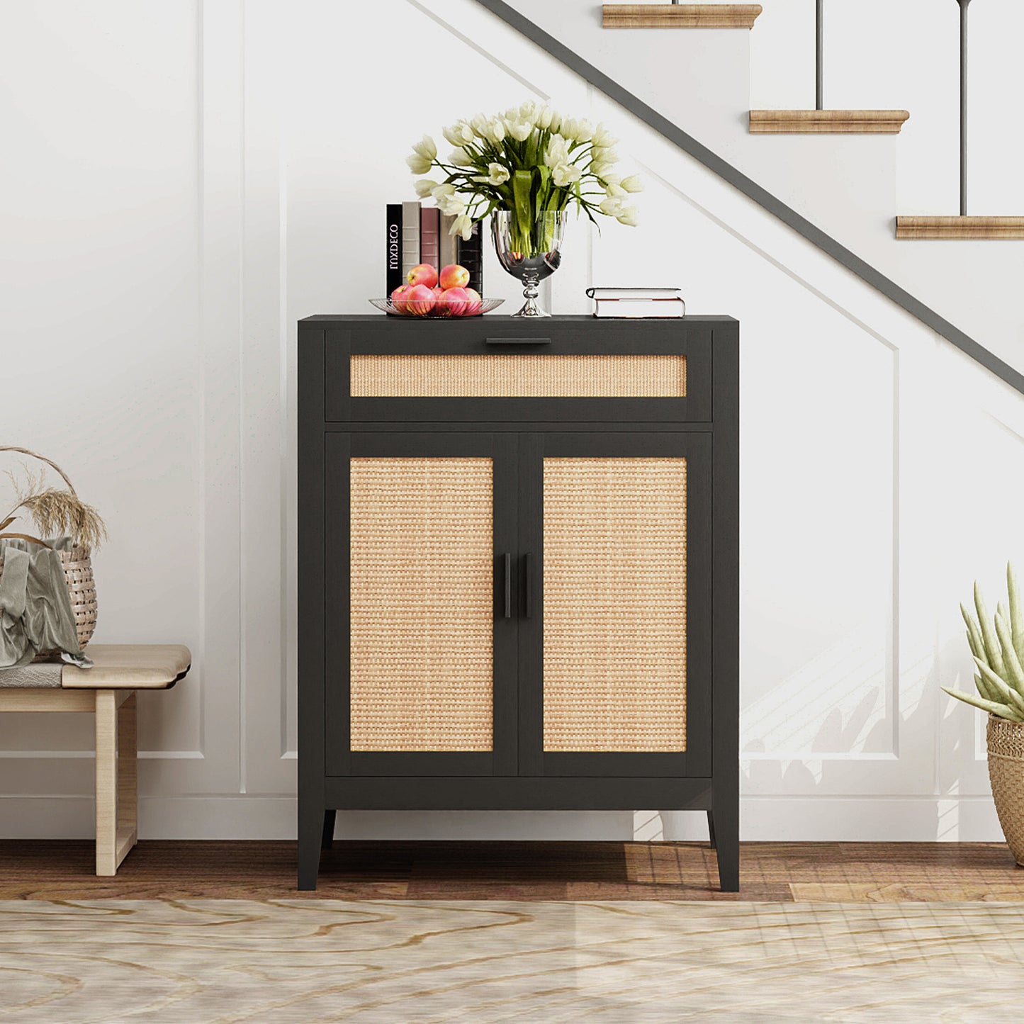 Kitchen Sideboard, Boho Storage Cabinet with 2 Rattan Decorated Doors and Drawer for Dining Room, Black Storage Cabinets   at Gallery Canada