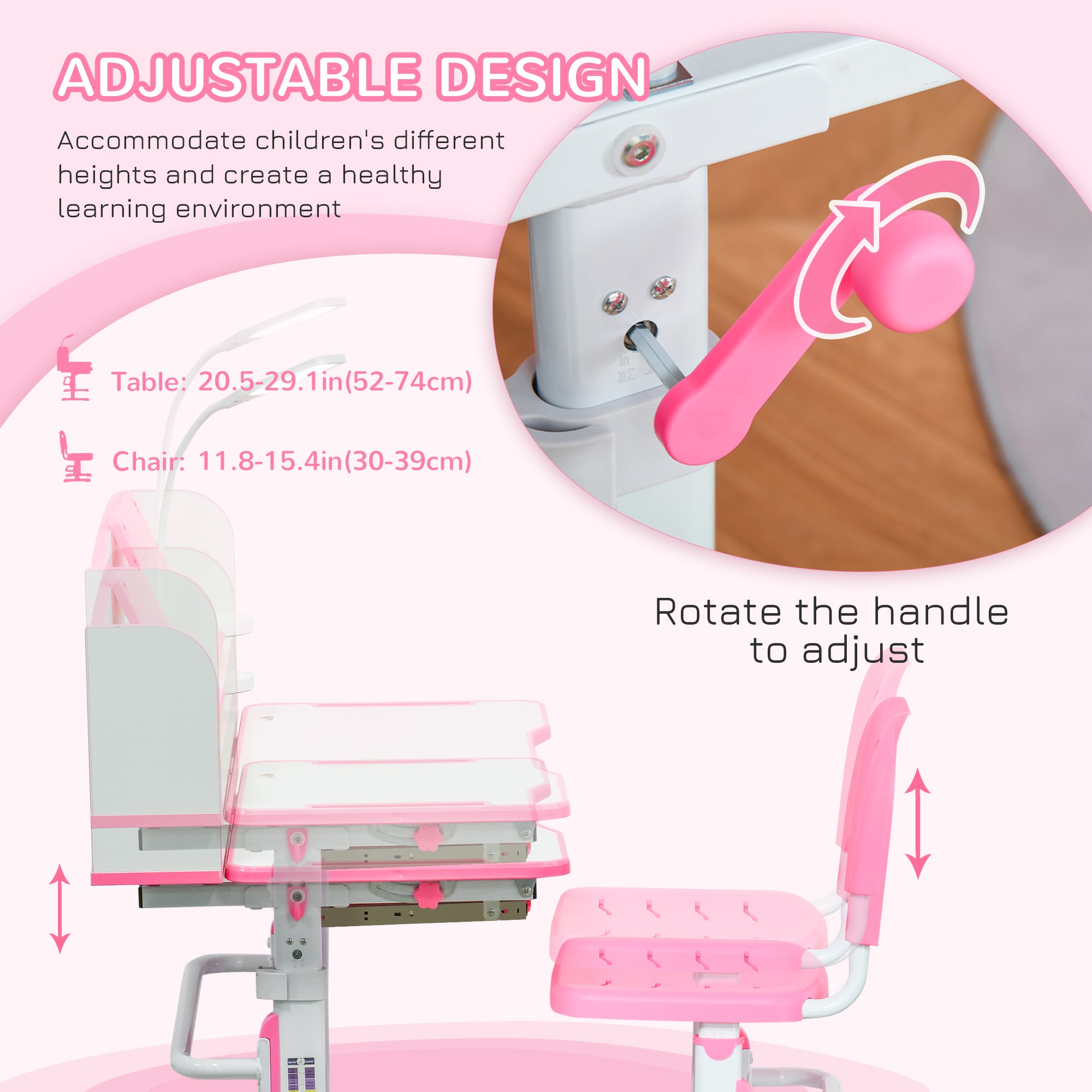 Kids Desk and Chair Set Height Adjustable Student Writing Desk Children School Study Table with LED Lamp, Bookshelf, Drawer, Reading Board, Pen Slot, Hook, Pink Kids Desk Sets at Gallery Canada