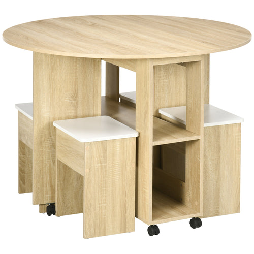 5 Pieces Dining Table Set, Kitchen Table and Chairs for 4 with Drop Leaf Table on Wheels, Stools, Storage, Oak