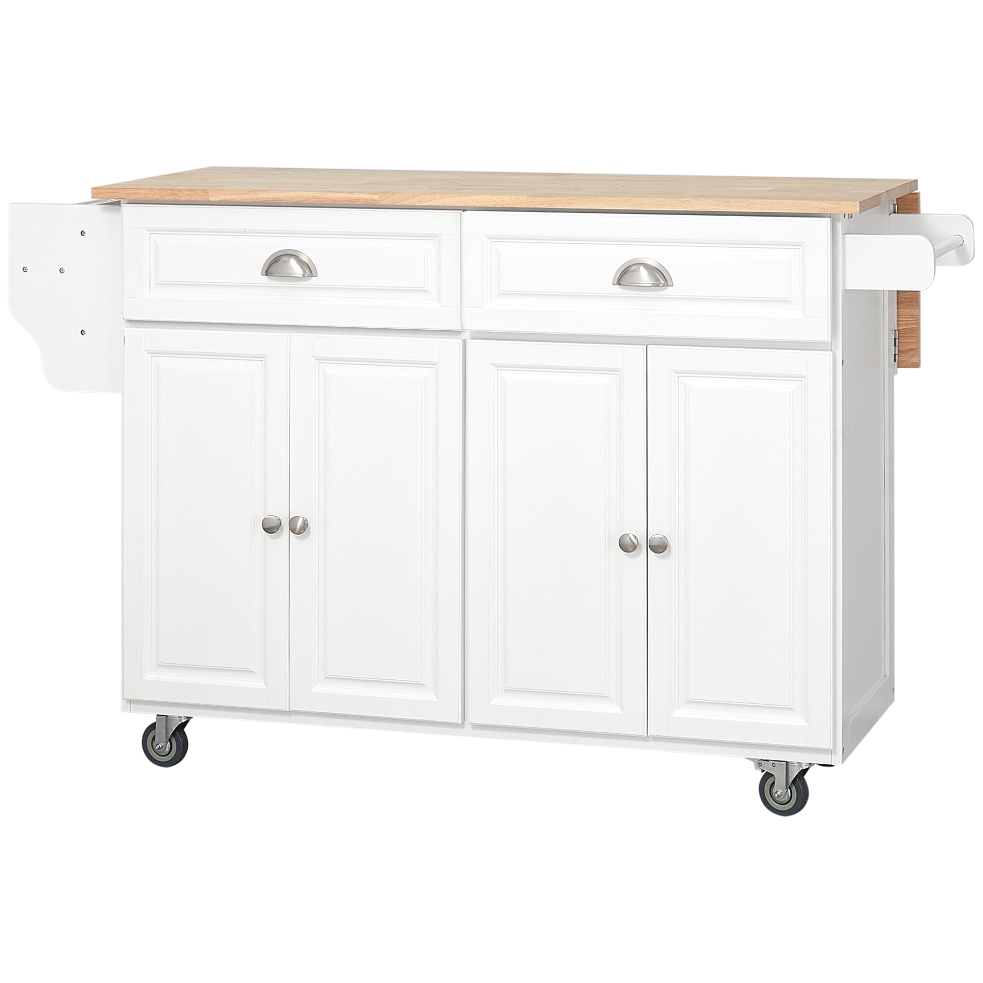 Kitchen Island with Storage, Rolling Kitchen Island with Drop Leaf, Rubber Wood Top and Adjustable Shelves, White Kitchen Islands & Kitchen Carts at Gallery Canada