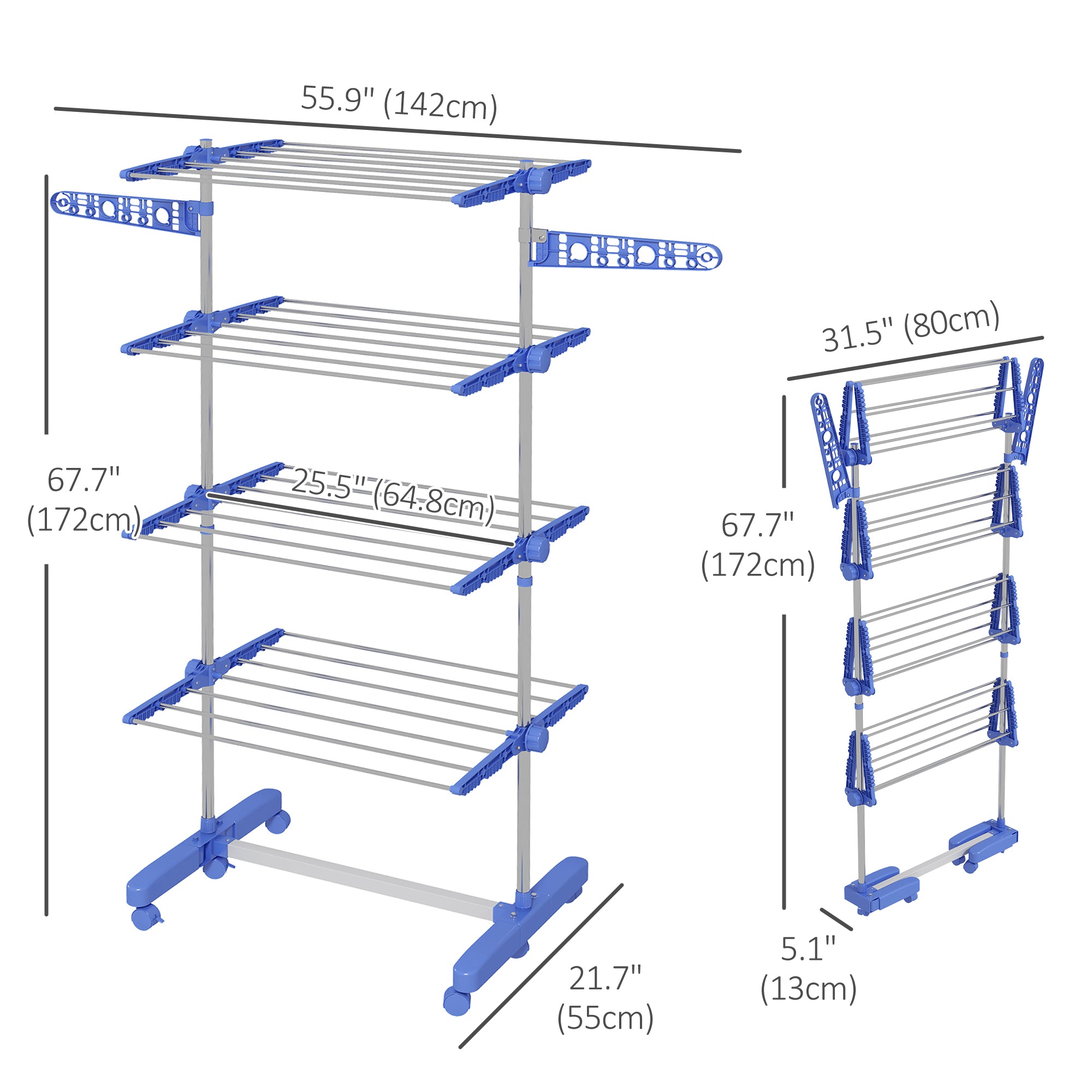 Garment Drying Rack Stainless Steel Folding Clothes Hanging Rack with Side Wings Castors for Indoor Outdoor Blue Bath Accessories   at Gallery Canada