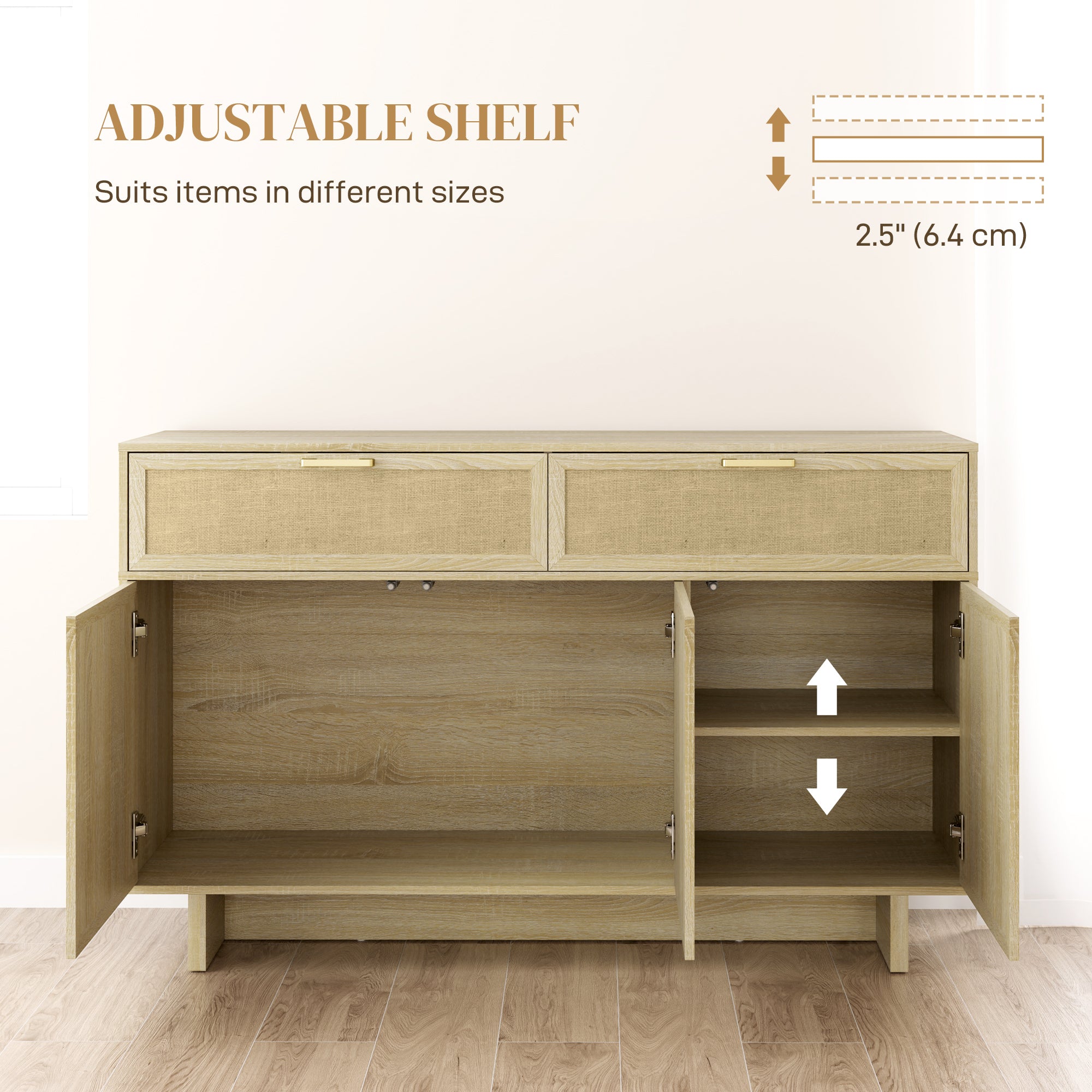 Boho Kitchen Sideboard Buffet Cabinet with Hinge Doors, Drawers and Adjustable Shelf for Living Room, Natural Wood Bar Cabinets at Gallery Canada
