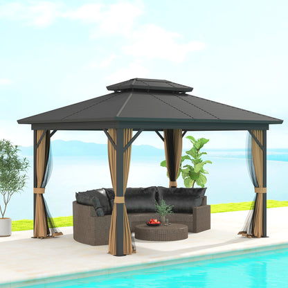 10' x 12' Hardtop Gazebo, Sun Shelter with Double Tier Metal Roof, Mosquito Netting, and Hanging Hook, Dark Brown Gazebos Dark Brown at Gallery Canada