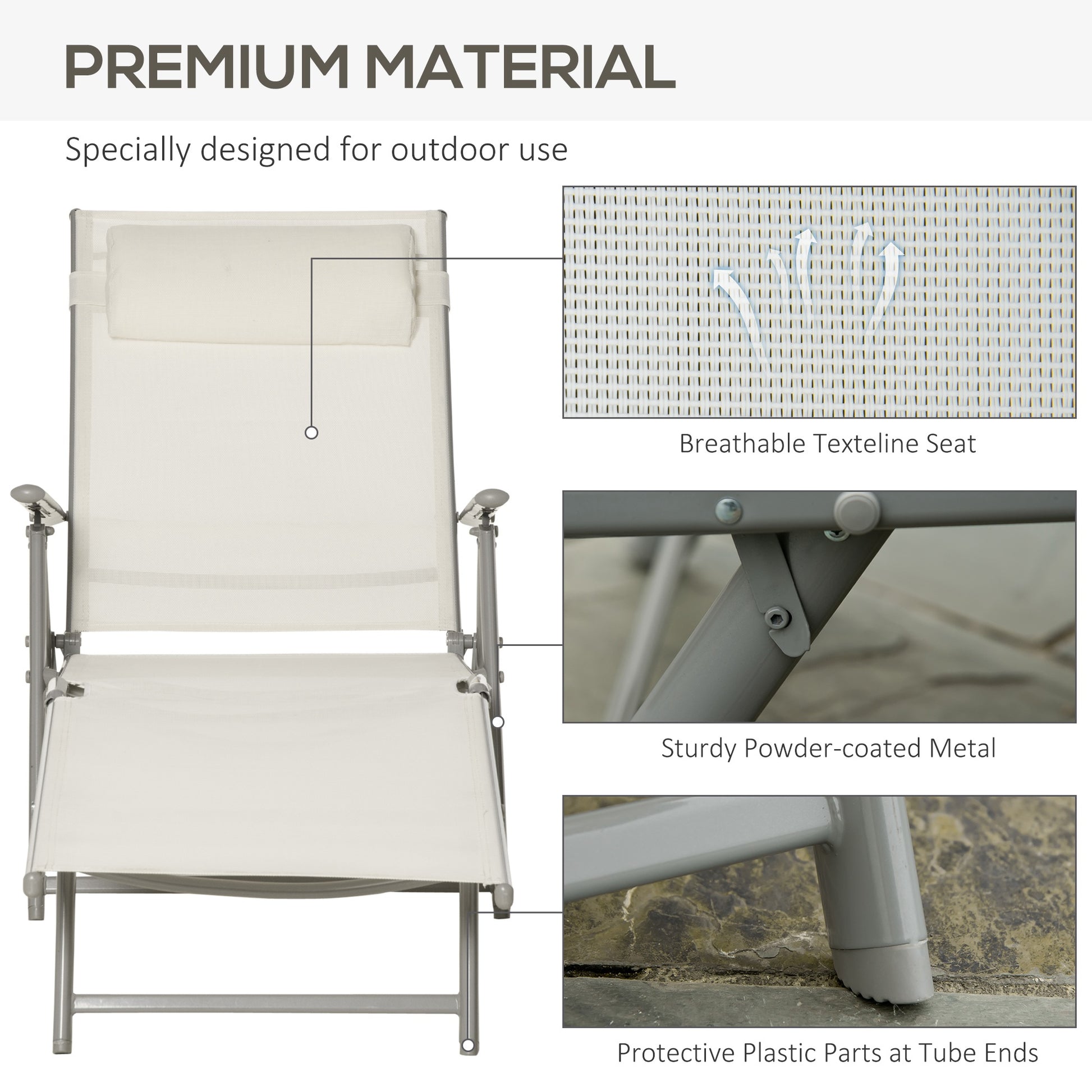 Outdoor Folding Chaise Lounge Chair Recliner with Portable Design, Adjustable Backrest, Cushion and Headrest, Cream White Lounger Chairs   at Gallery Canada