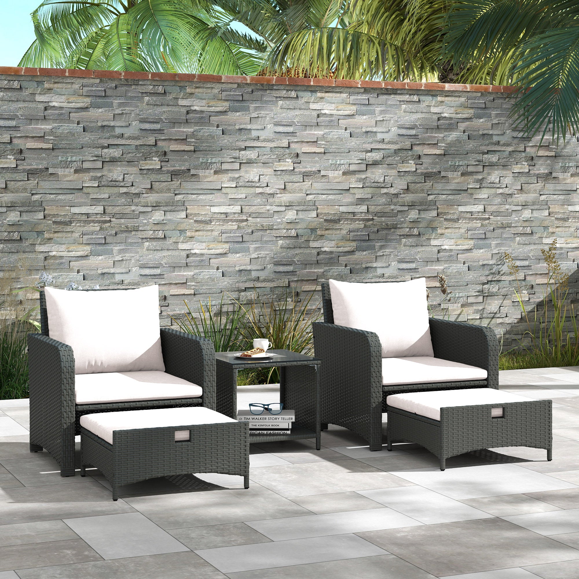 5 Piece Rattan Balcony Furniture Set, Wicker Outdoor Furniture Set with 2-Tier Coffee Table, Ottomans, Grey, Cream White Patio Furniture Sets at Gallery Canada