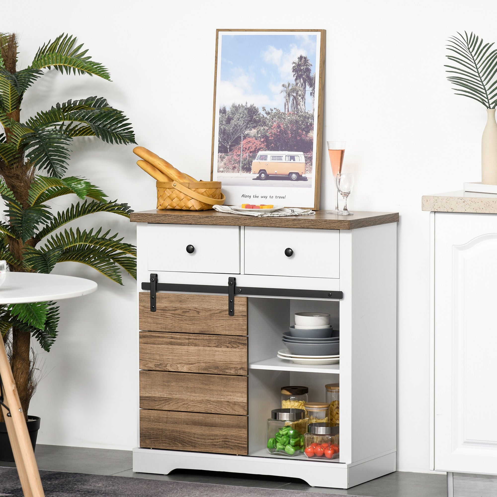 Rustic Barn Door Storage Cabinet, Farmhouse Buffet Sideboard for Kitchen and Dining Room White Bar Cabinets at Gallery Canada