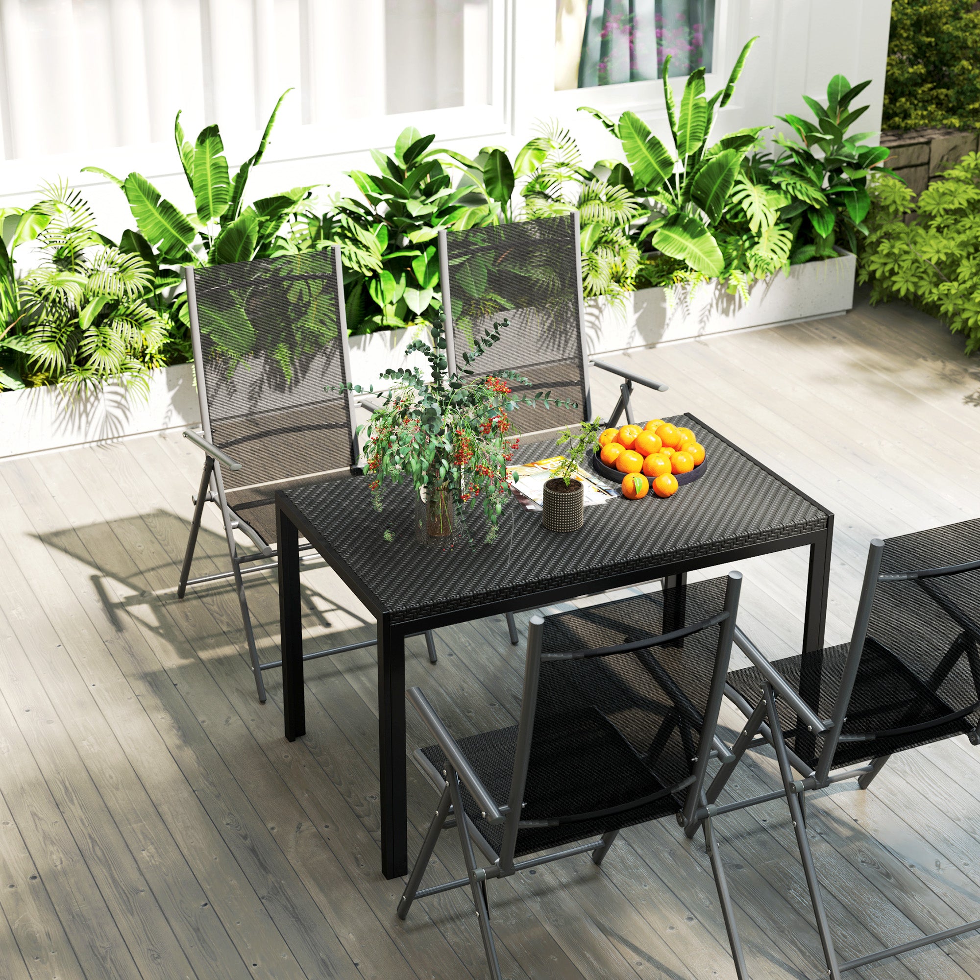 Rectangular Outdoor Dining Table, 4-Seat Patio Table with PE Rattan Wicker Tabletop for Backyard and Lawn, Black Patio Dinning Tables at Gallery Canada