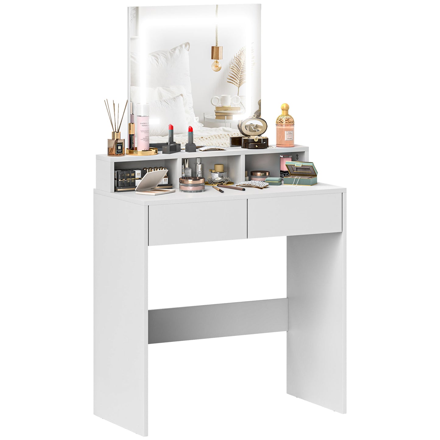 Makeup Vanity Desk with Mirror and LED Lights, for Bedroom, Modern Dressing Table with Drawers, Compartments, White Dressing & Vanity Tables   at Gallery Canada