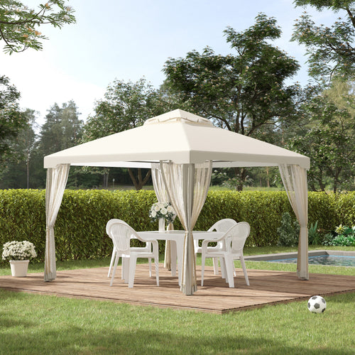10' x 10' Patio Gazebo Outdoor Pavilion 2 Tire Roof Canopy Shelter Garden Event Party Tent Yard Sun Shade Steel Frame w/ Mosquito Netting Cream White