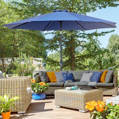 10' x 8' Round Market Umbrella, Patio Umbrella with Crank Handle and Tilt, Outdoor Parasol for Garden, Bench, Lawn, Blue