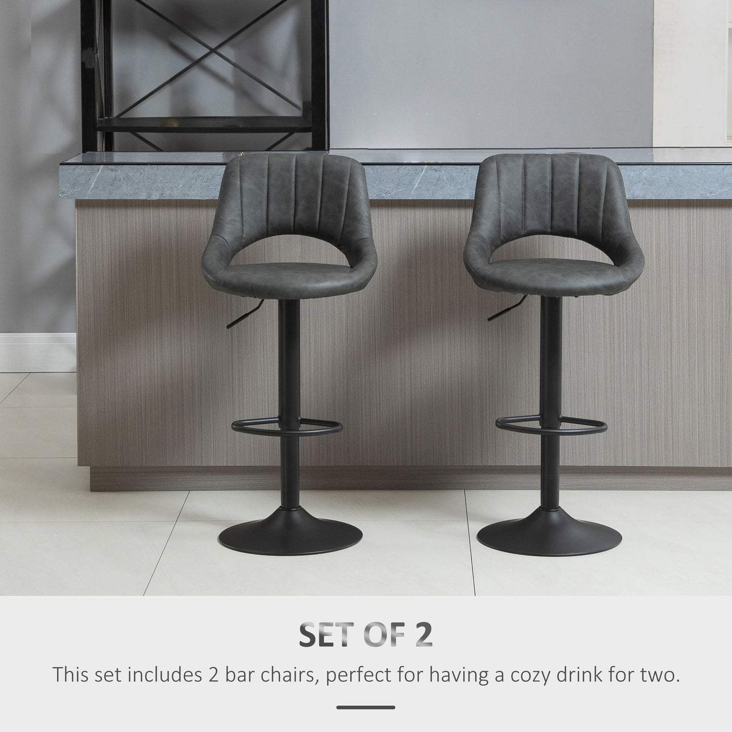 Set of 2 Adjustable Bar Stools with PU Upholstered Back, Footrest, Round Base for Kitchen, Dining Room, Grey Bar Stools   at Gallery Canada