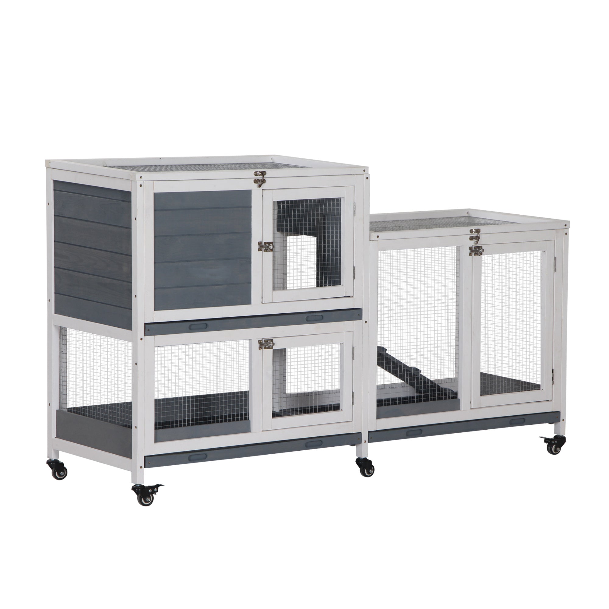 Wooden Rabbit Hutch Elevated Pet House Bunny Cage Small Animal Habitat with Slide-out Tray Lockable Door Openable Top for Indoor 58